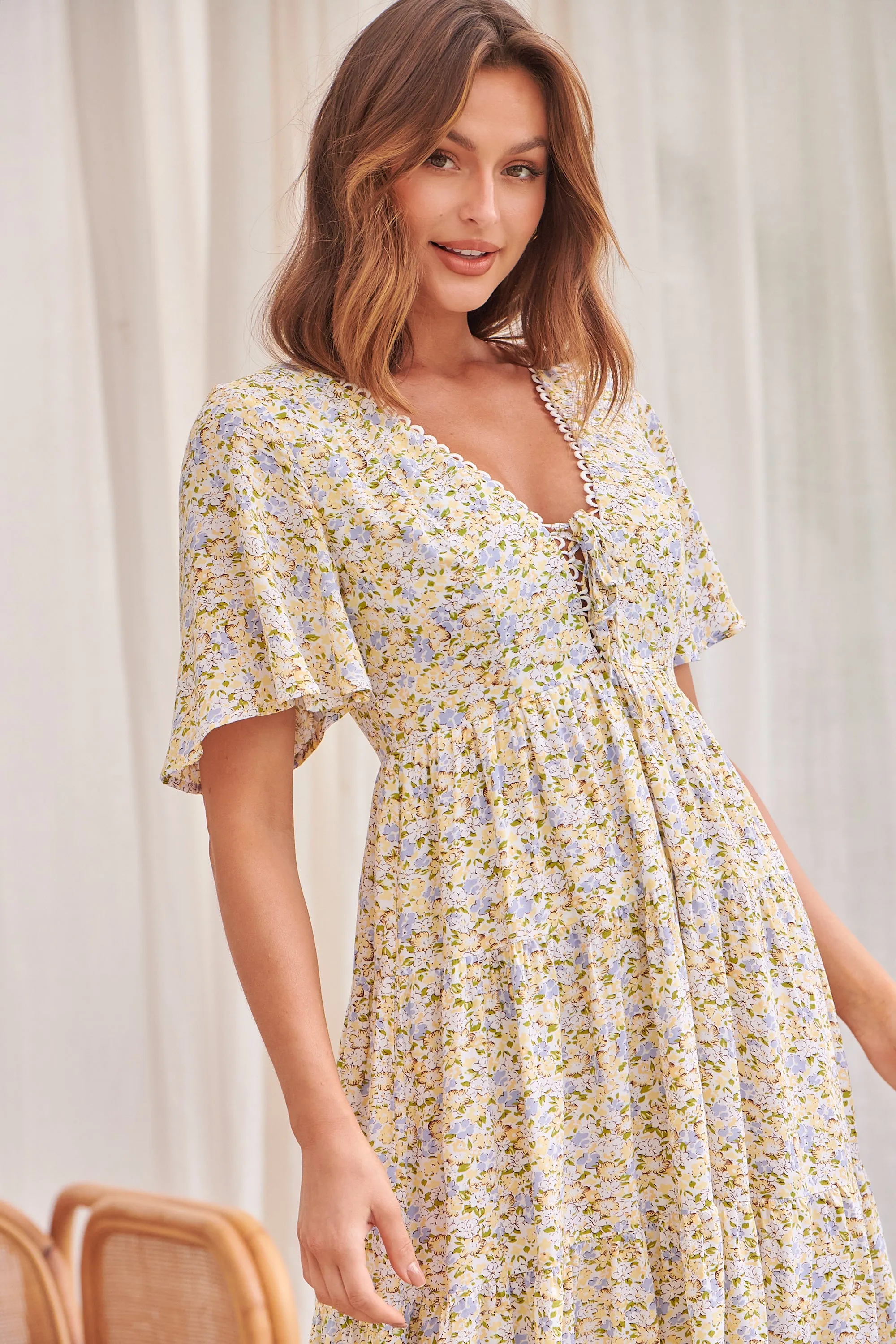 Juliana Tie Front Yellow Floral Print Dress