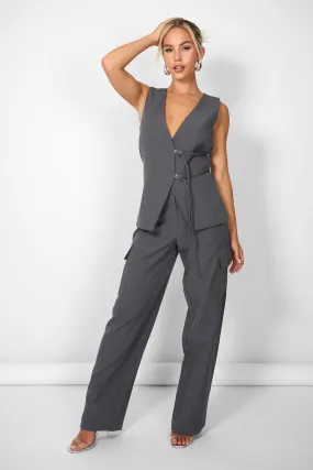 Kaiia Wide Leg Cargo Trousers in Charcoal Grey