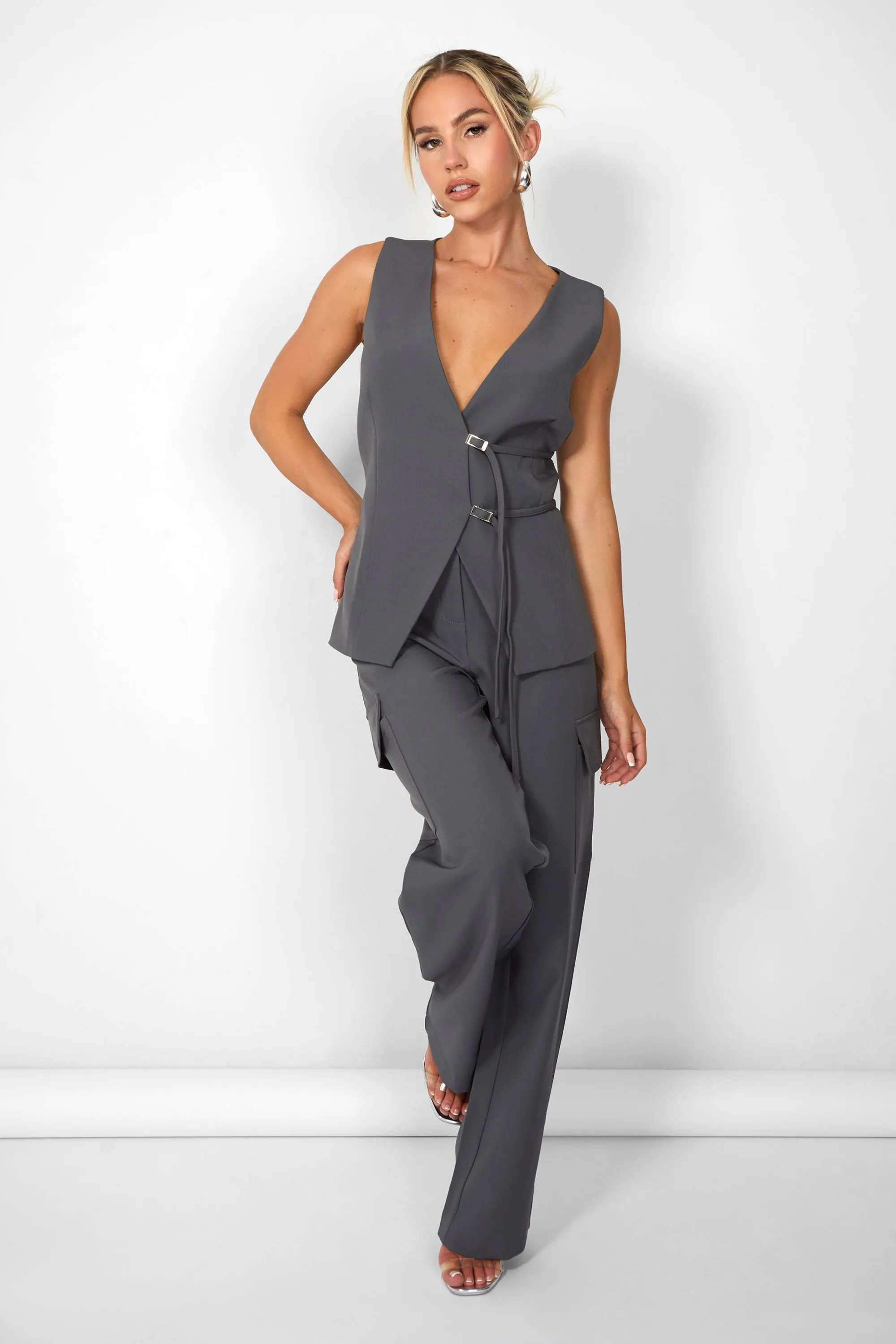 Kaiia Wide Leg Cargo Trousers in Charcoal Grey