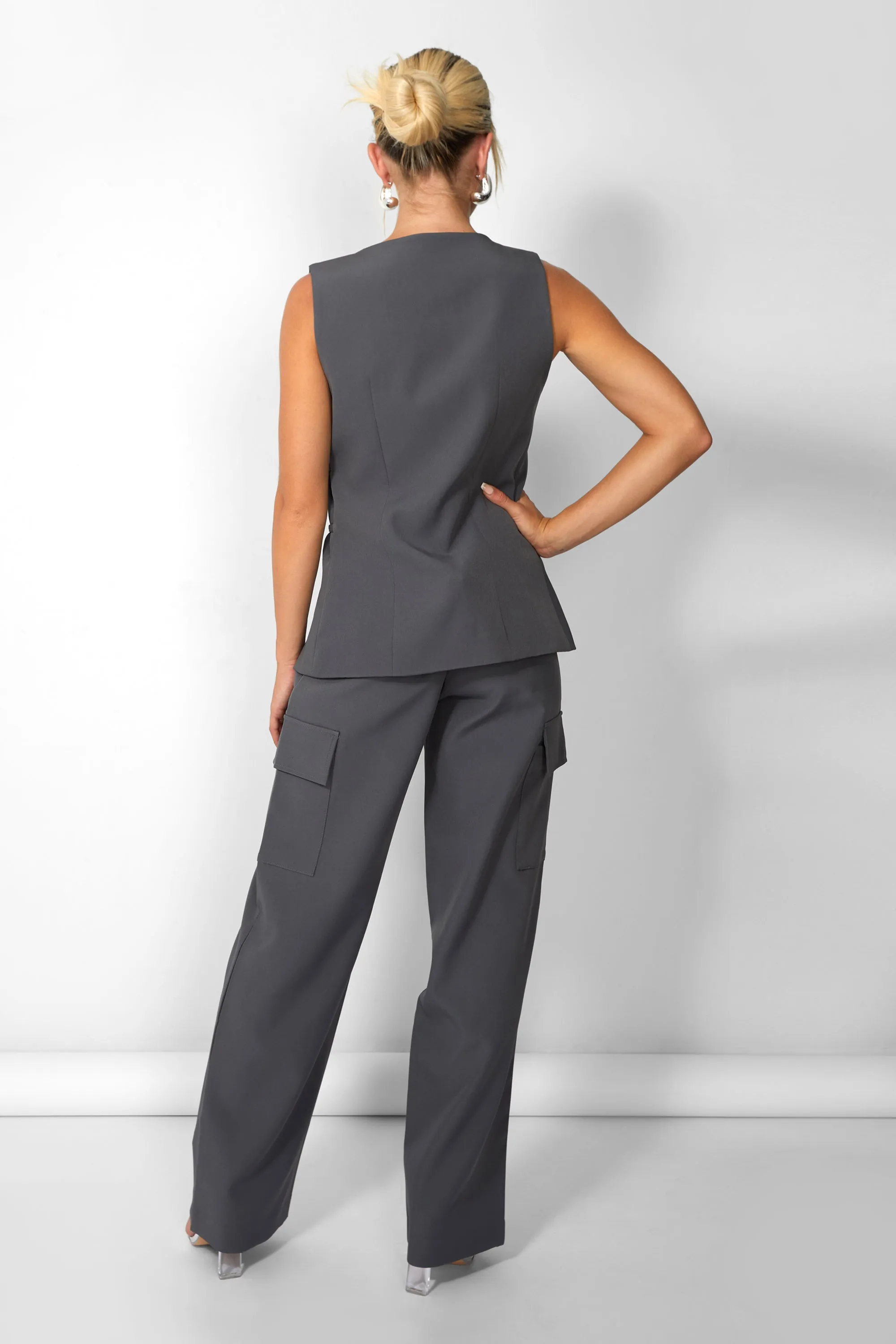 Kaiia Wide Leg Cargo Trousers in Charcoal Grey