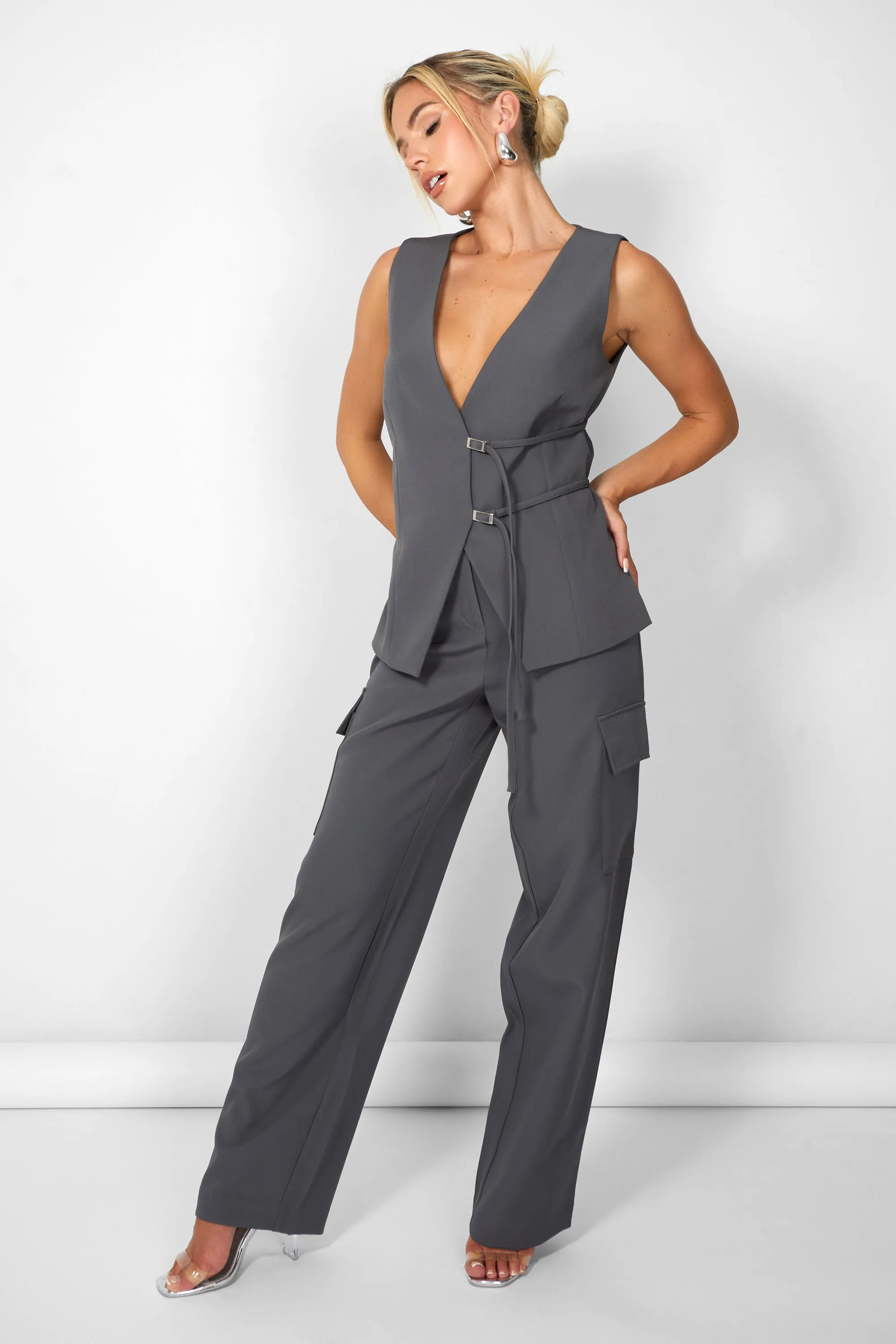 Kaiia Wide Leg Cargo Trousers in Charcoal Grey