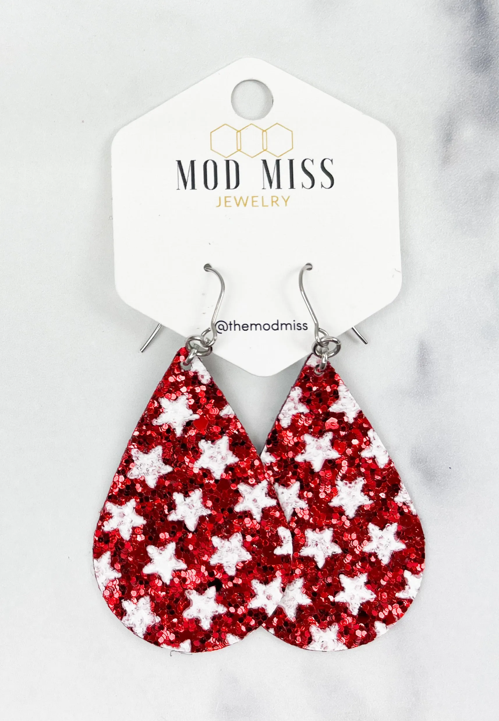 Leather Canvas Teardrop Earring Glitter Stars Red & White