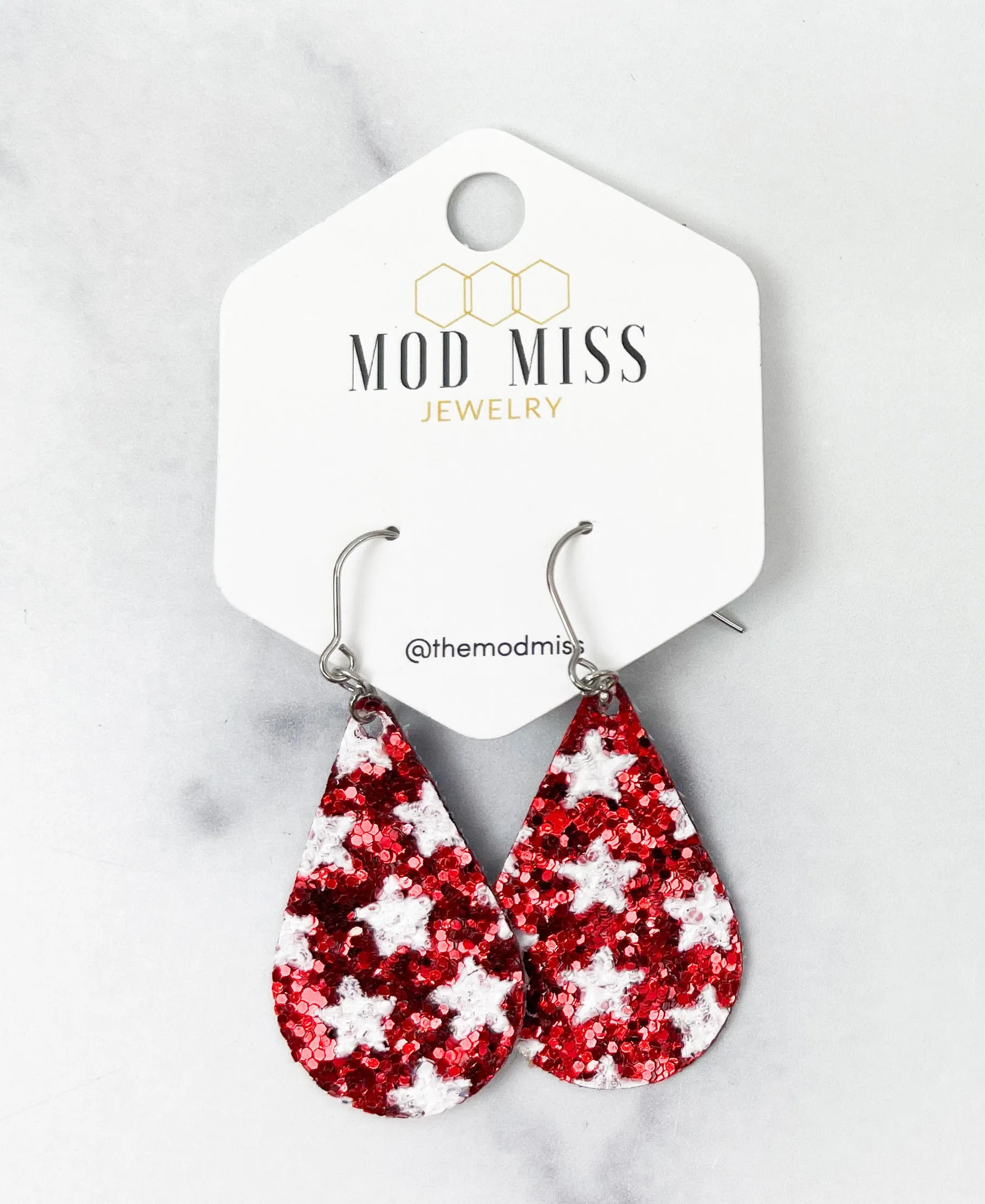 Leather Canvas Teardrop Earring Glitter Stars Red & White