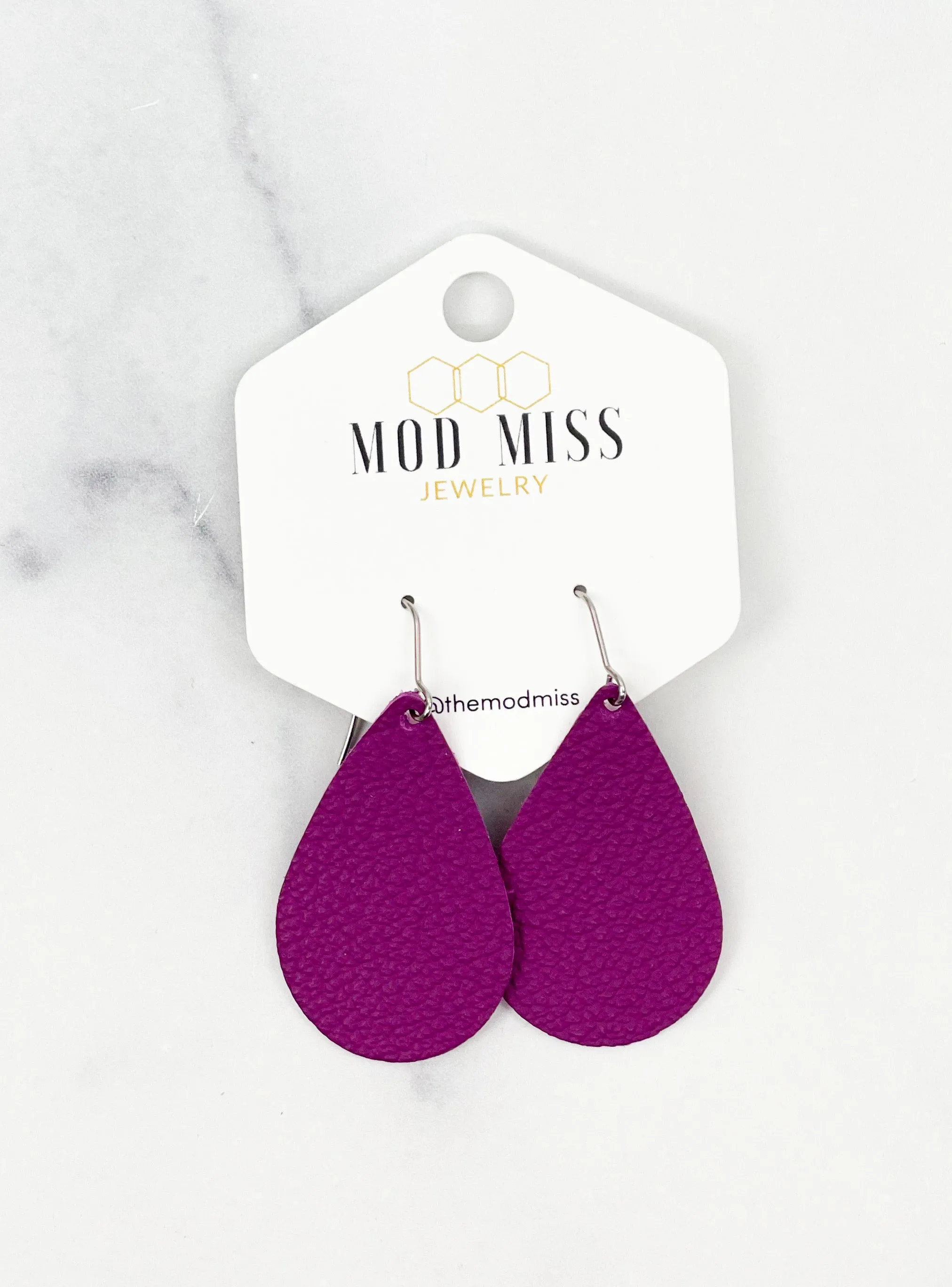 Leather Teardrop Earring Magenta