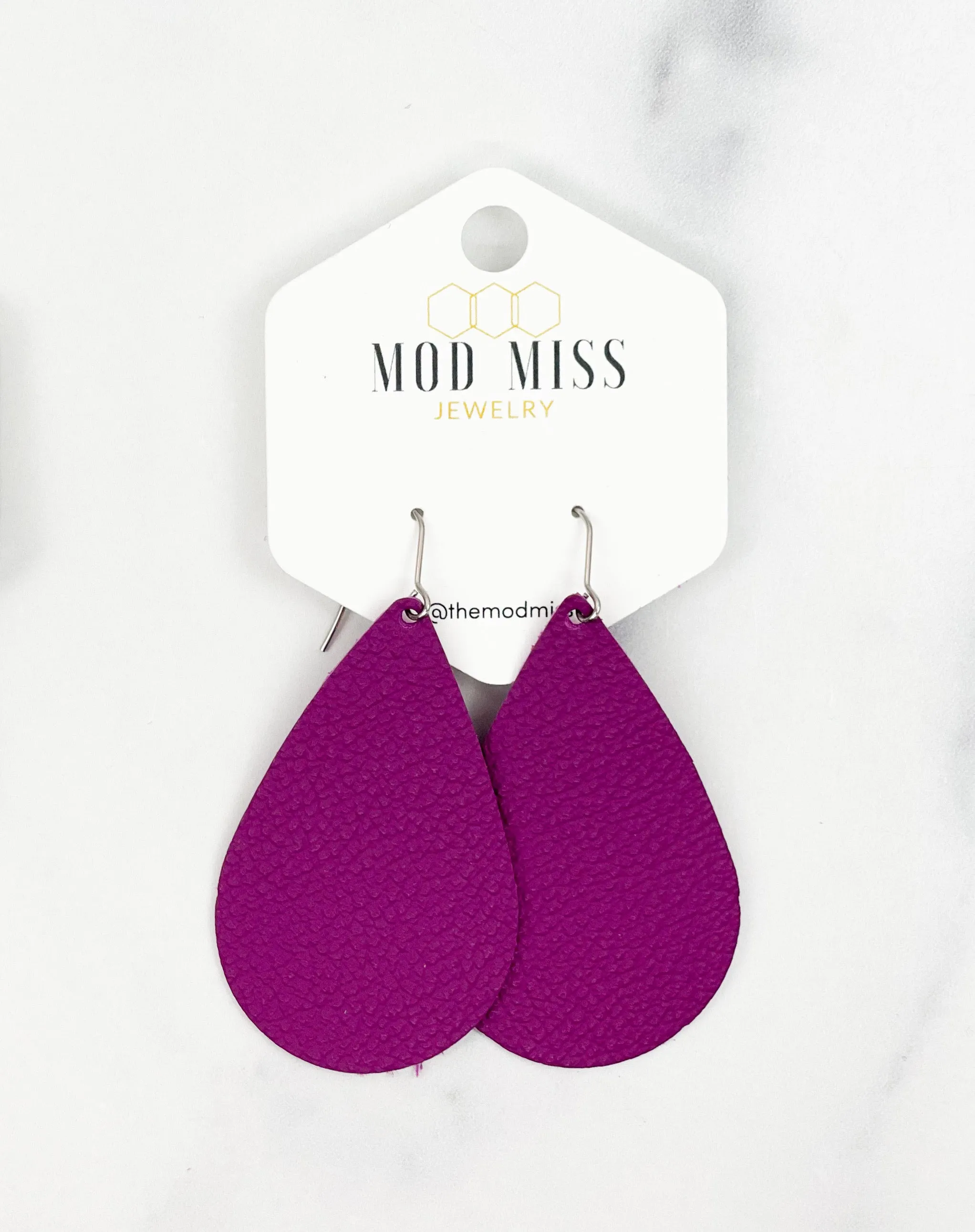 Leather Teardrop Earring Magenta