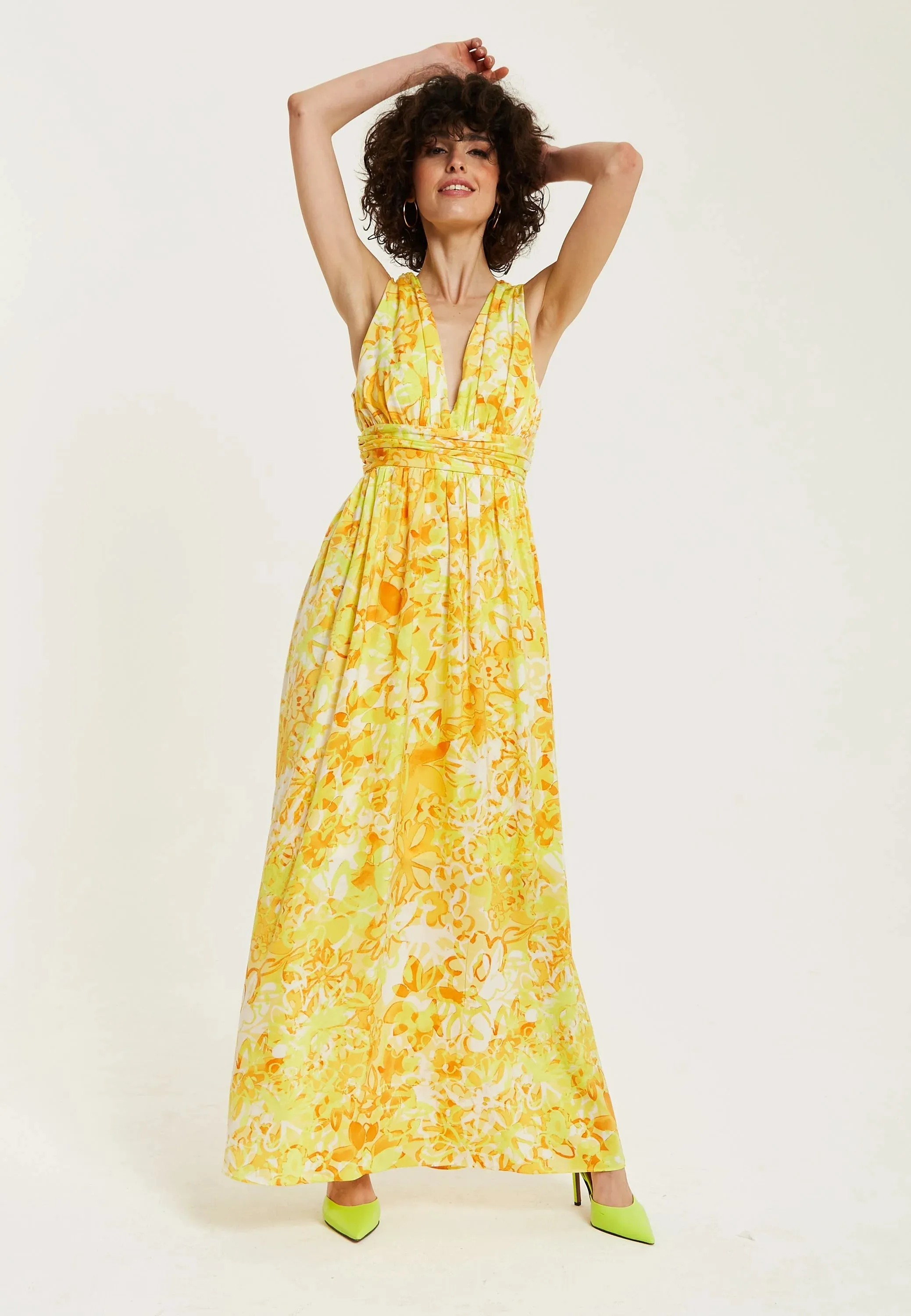 Liquorish Yellow And Orange Floral Print V-neck Maxi Dress