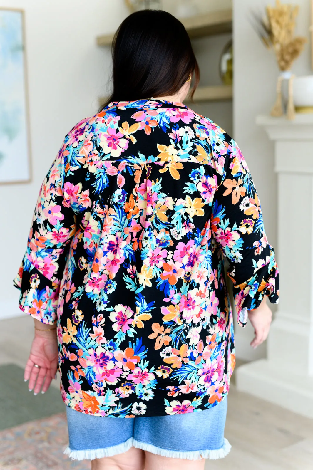 Lizzy Bell Sleeve Top Black and Teal Tropical Floral - 4/12