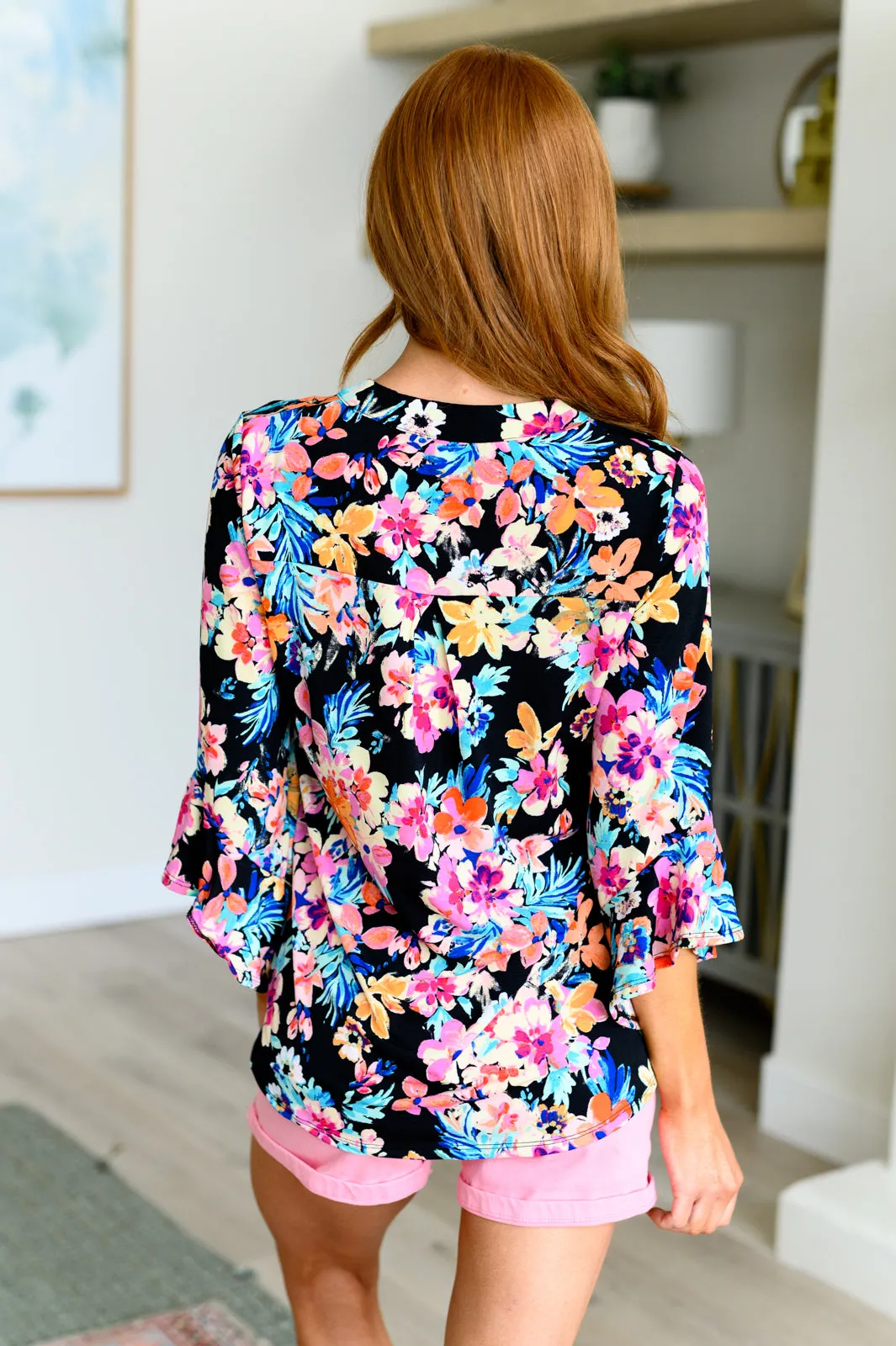 Lizzy Bell Sleeve Top Black and Teal Tropical Floral - 4/12