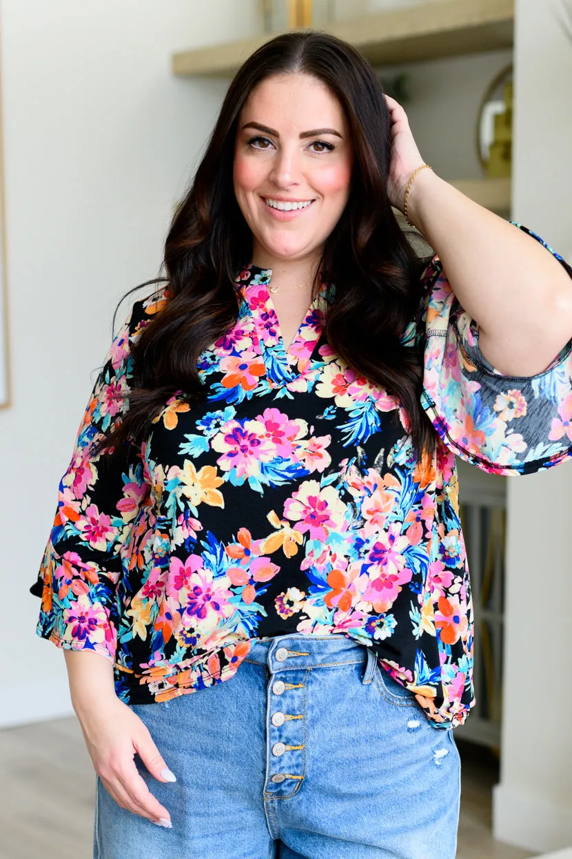 Lizzy Bell Sleeve Top Black and Teal Tropical Floral - 4/12