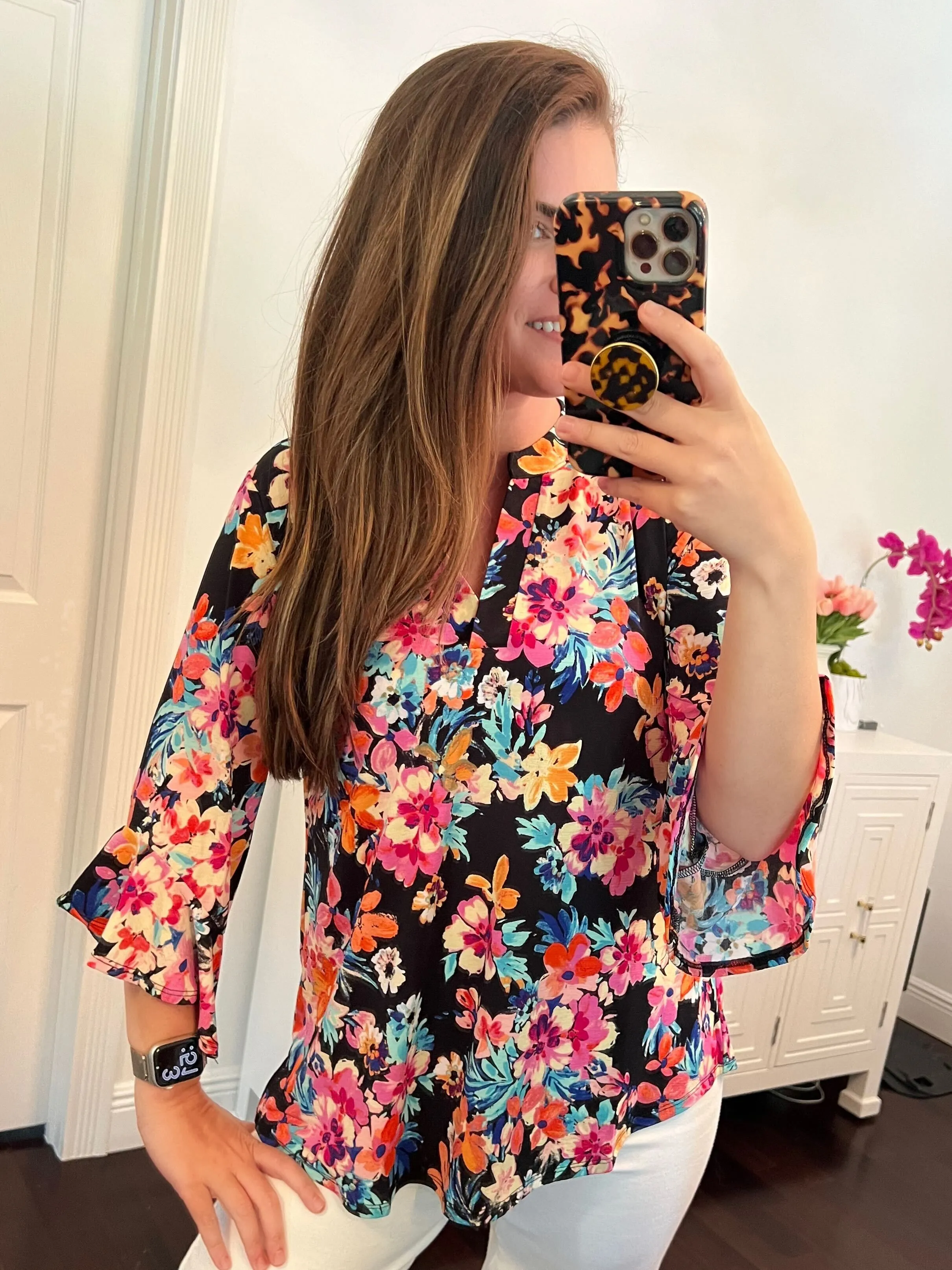 Lizzy Bell Sleeve Top Black and Teal Tropical Floral - 4/12