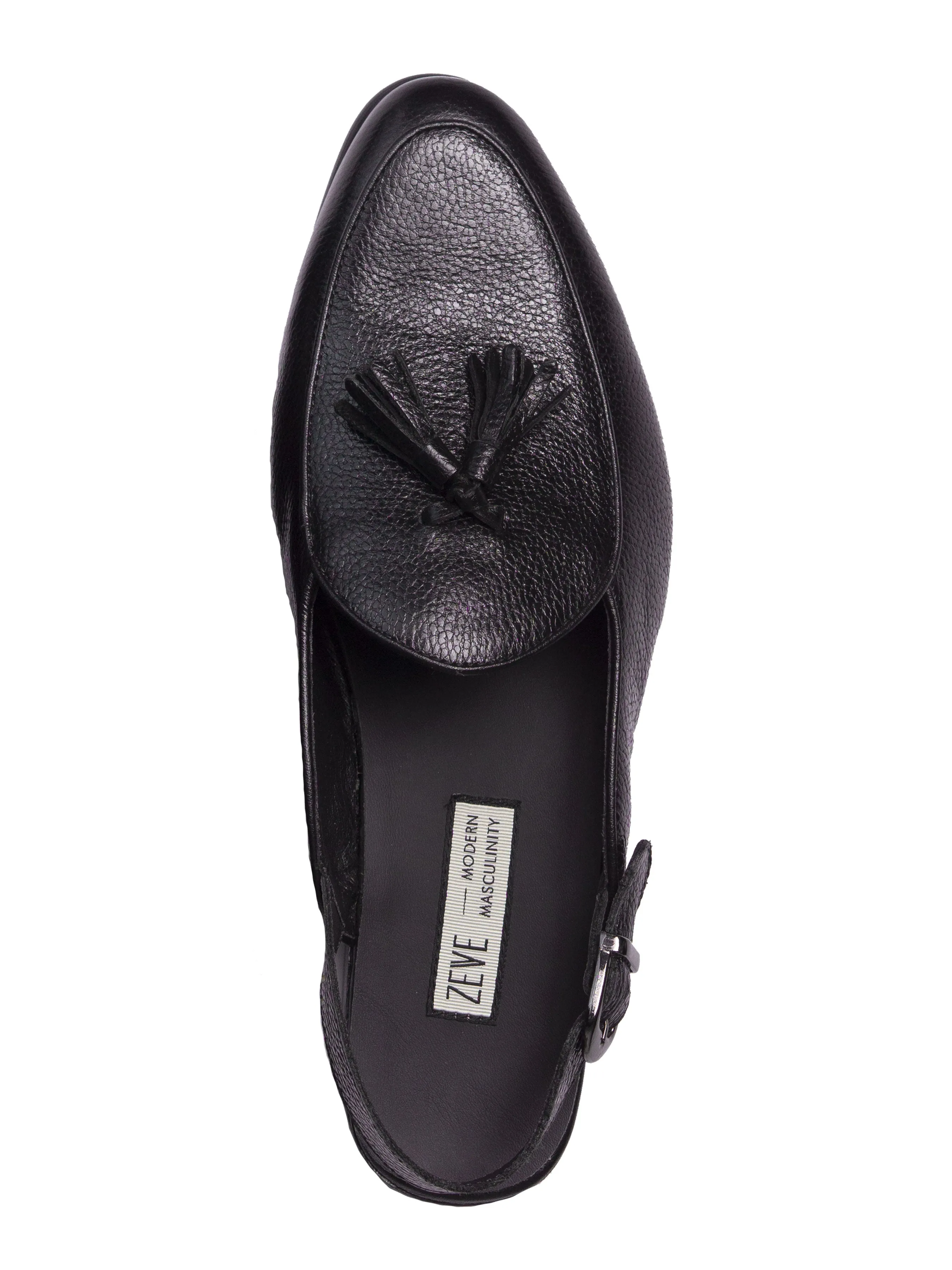 Mules Belgian Tassel Slingback Strap - Black Pebble Grain Leather