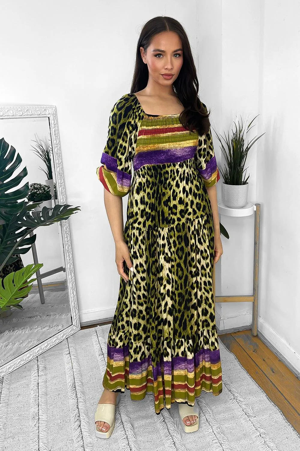 Multicolour Leopard Print Milkmaid Maxi Dress