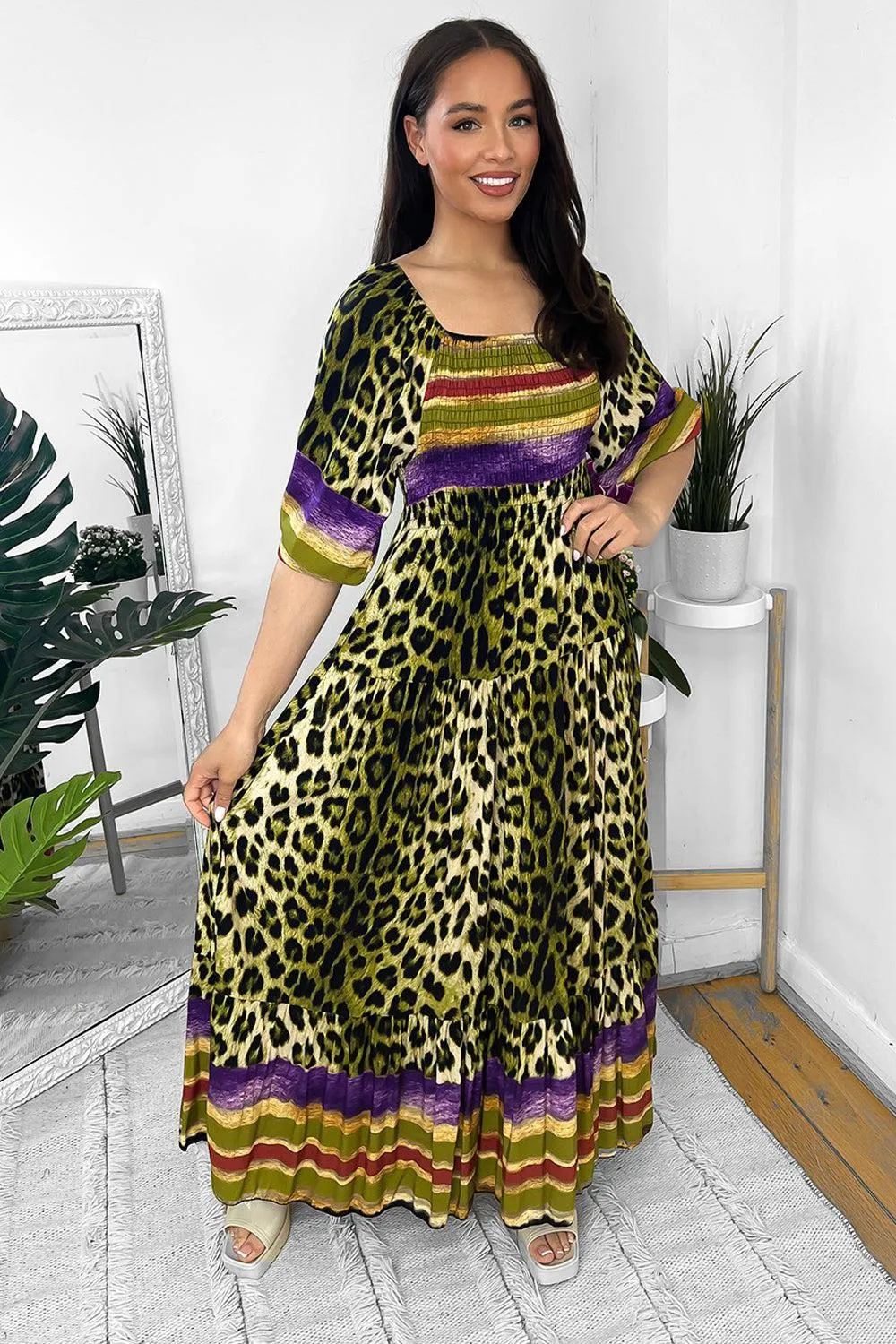 Multicolour Leopard Print Milkmaid Maxi Dress