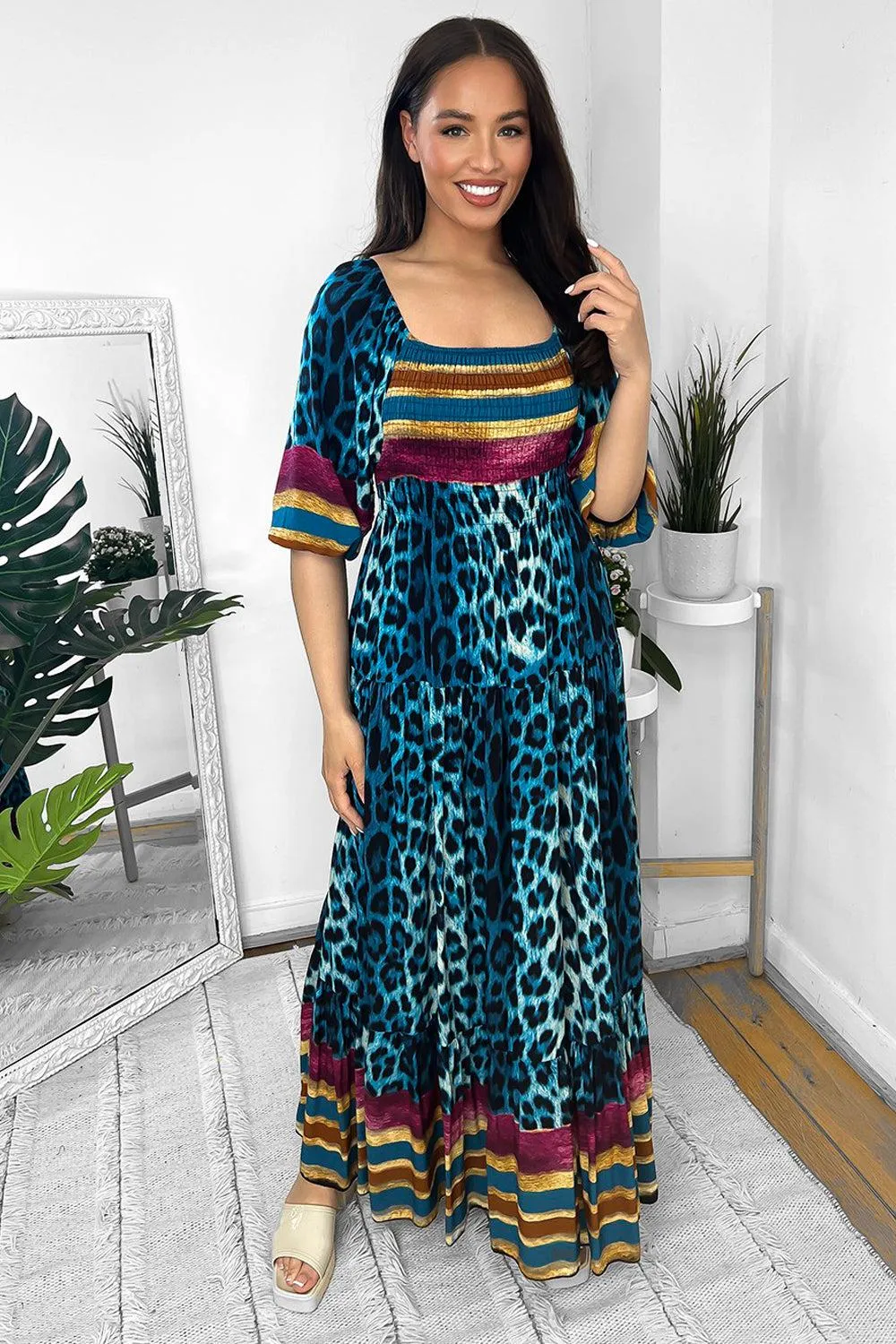 Multicolour Leopard Print Milkmaid Maxi Dress