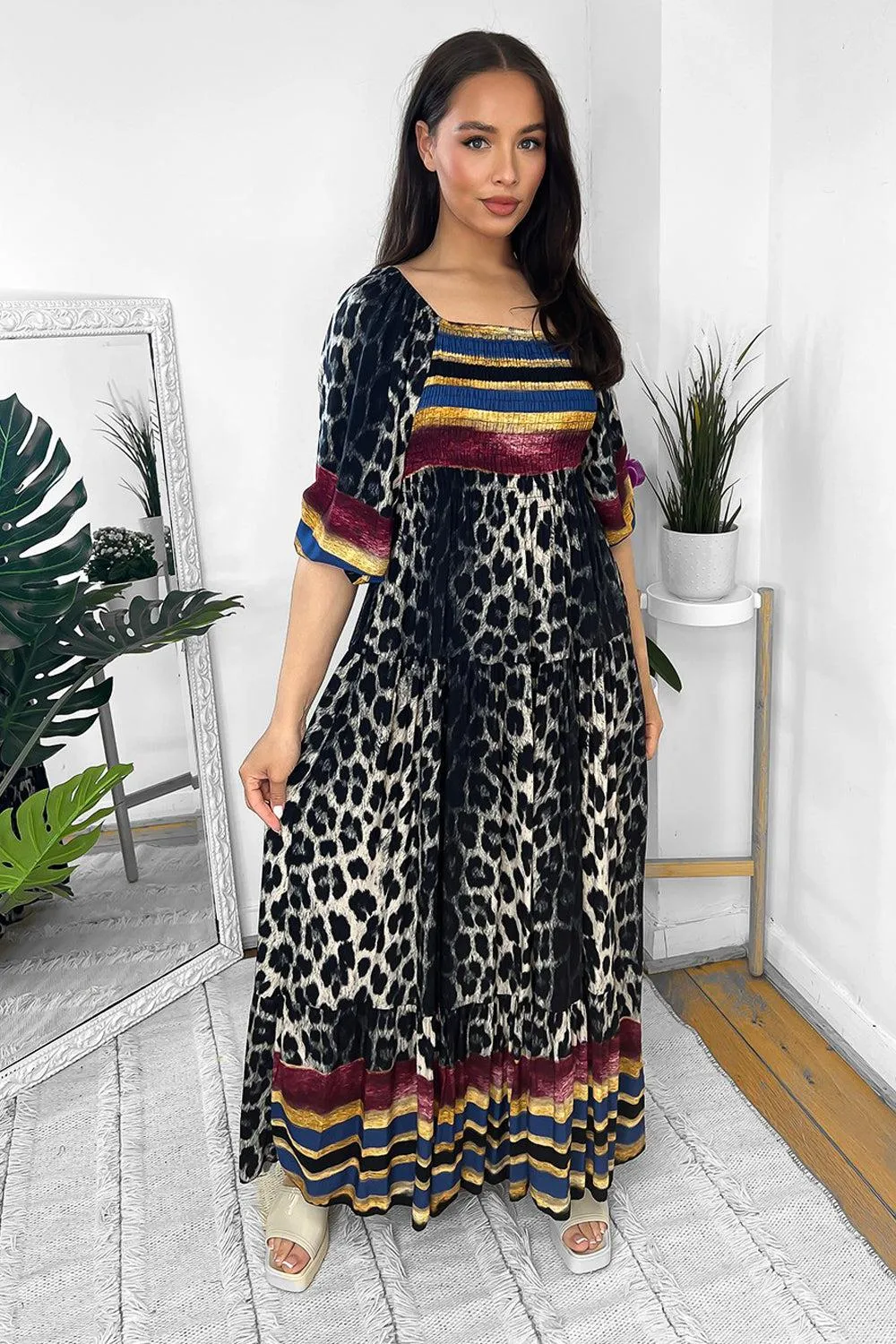 Multicolour Leopard Print Milkmaid Maxi Dress