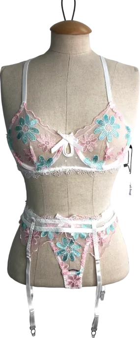 Nasty Gal White Floral Embroidered Scallop Underwire 3pc Lingerie Set UK 8