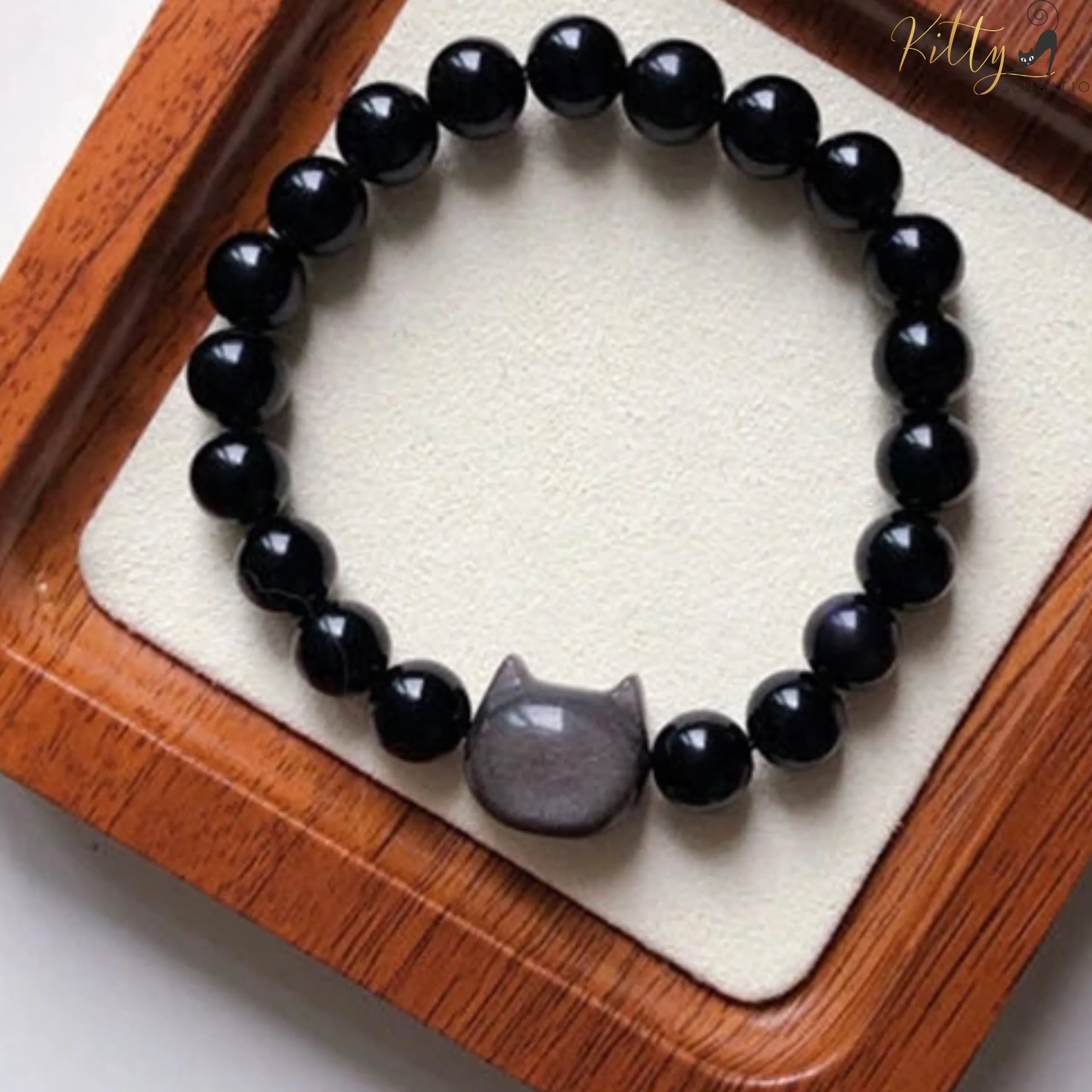 Natural Obsidian Cat Bracelet - Adjustable Size