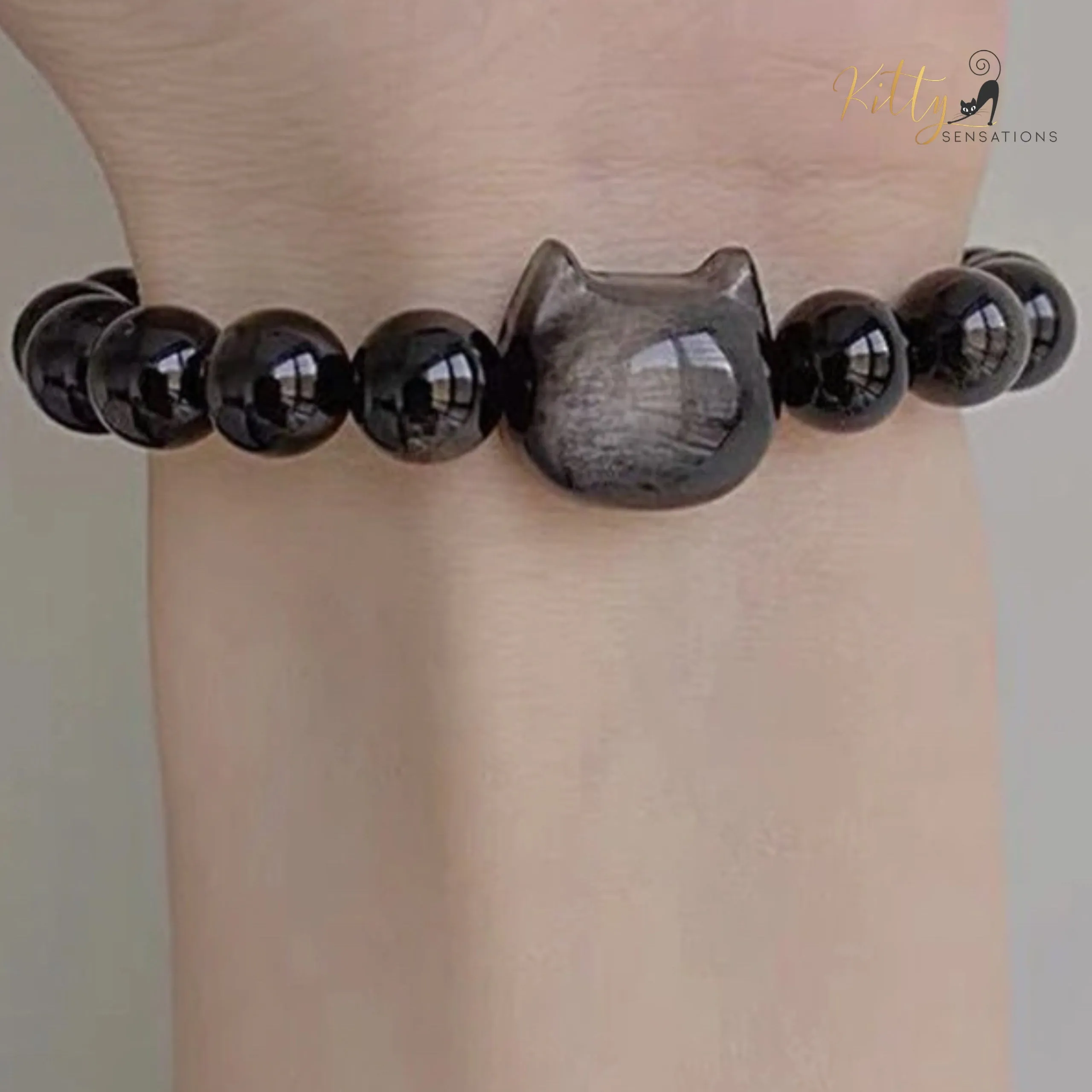 Natural Obsidian Cat Bracelet - Adjustable Size