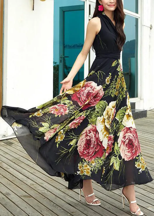 New Black V Neck Print Chiffon Long Dresses Sleeveless AS1042