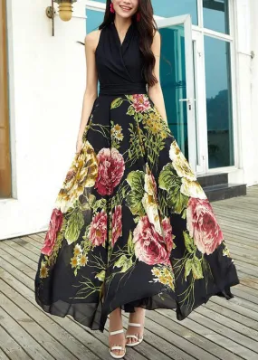 New Black V Neck Print Chiffon Long Dresses Sleeveless AS1042