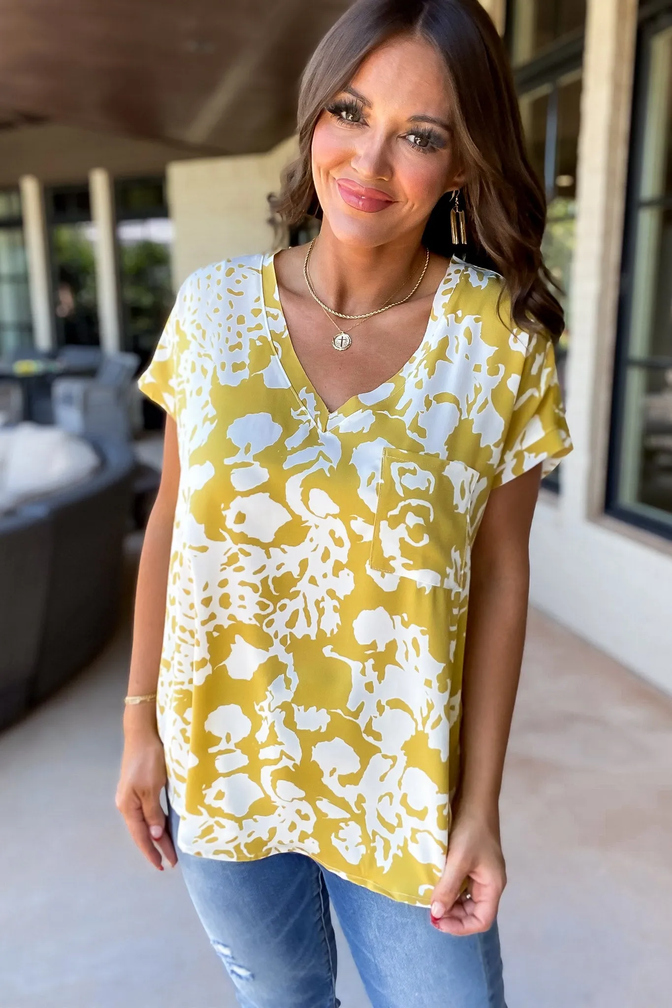 New Day Honey Mustard Print Cap Sleeve Pocket Top