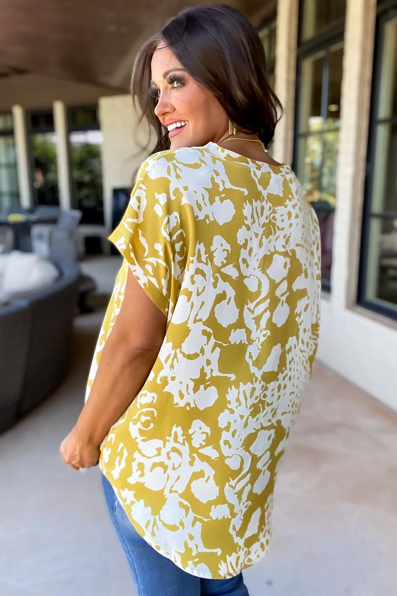 New Day Honey Mustard Print Cap Sleeve Pocket Top