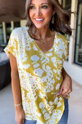 New Day Honey Mustard Print Cap Sleeve Pocket Top