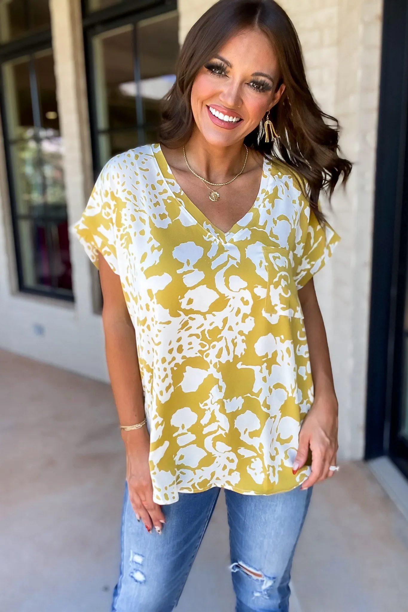 New Day Honey Mustard Print Cap Sleeve Pocket Top