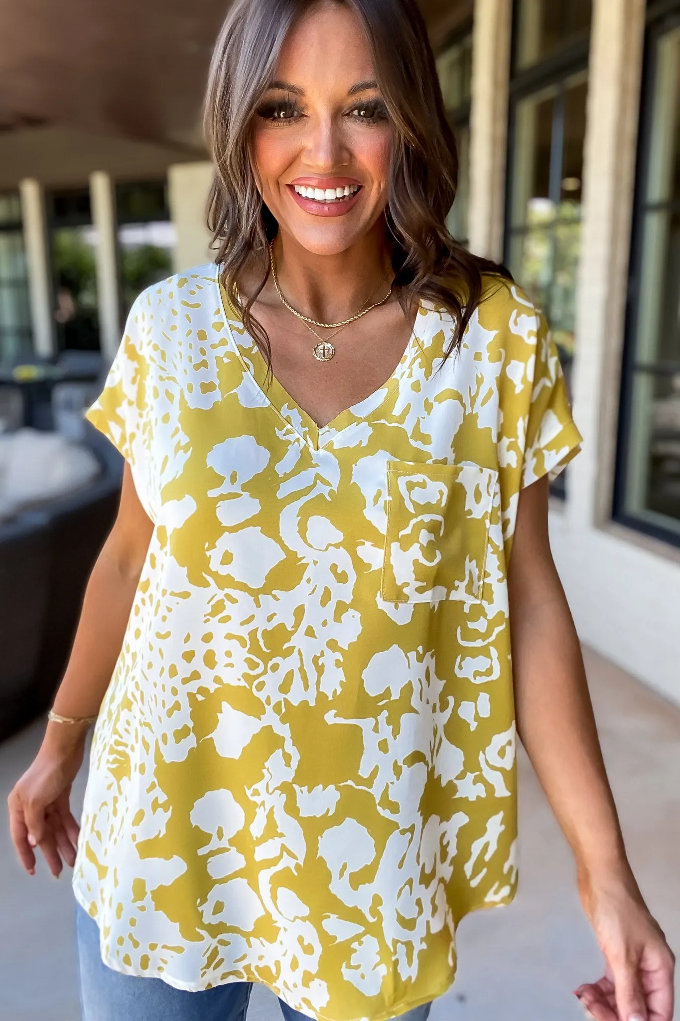 New Day Honey Mustard Print Cap Sleeve Pocket Top