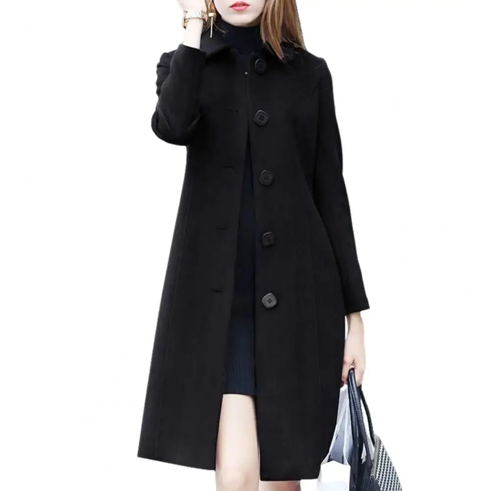 New Fashion British Solid Button Wool Coat Women Long Sleeve Jackets Woman Elegant Pocket Slim Outfit Mujer