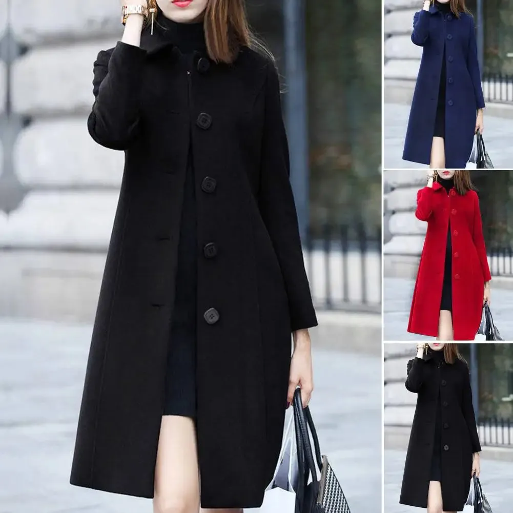 New Fashion British Solid Button Wool Coat Women Long Sleeve Jackets Woman Elegant Pocket Slim Outfit Mujer