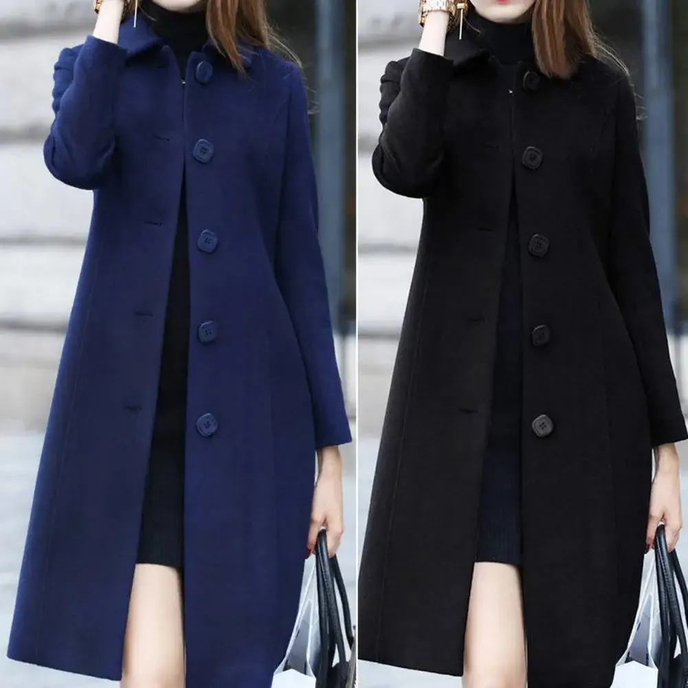 New Fashion British Solid Button Wool Coat Women Long Sleeve Jackets Woman Elegant Pocket Slim Outfit Mujer