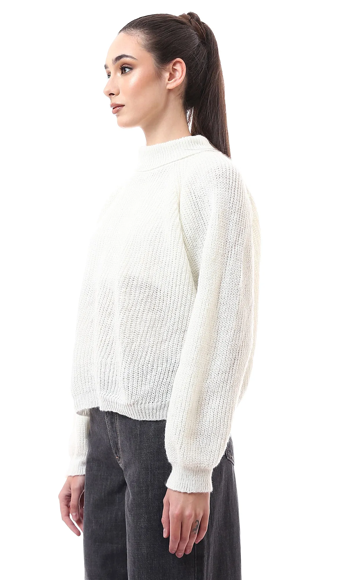 O175578 Chunky Knit Off-White Pullover With Turtle Neck