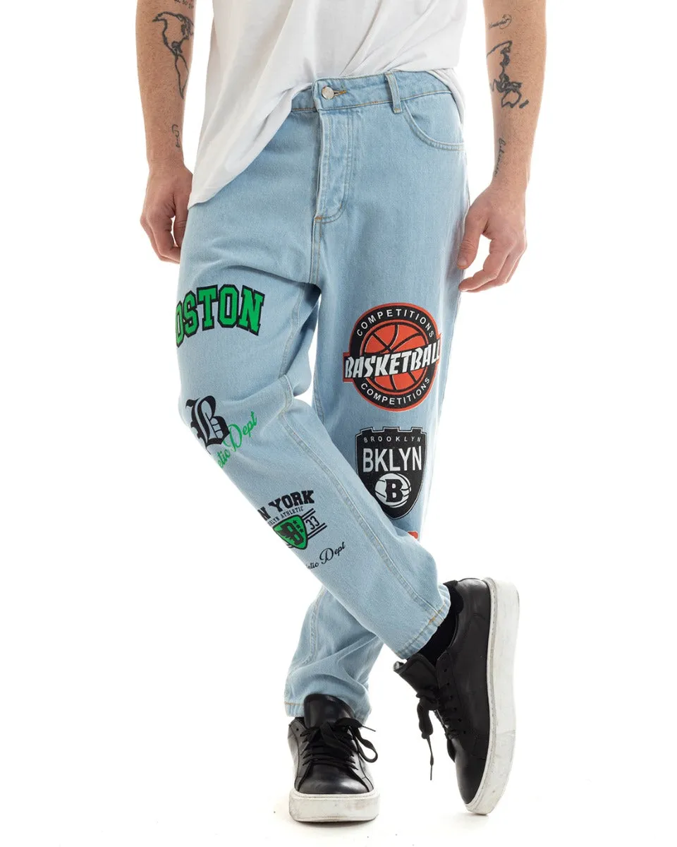 Pantaloni Jeans Uomo Loose Fit Denim Chiaro Cinque Tasche Con Stampa GIOSAL-P5672A