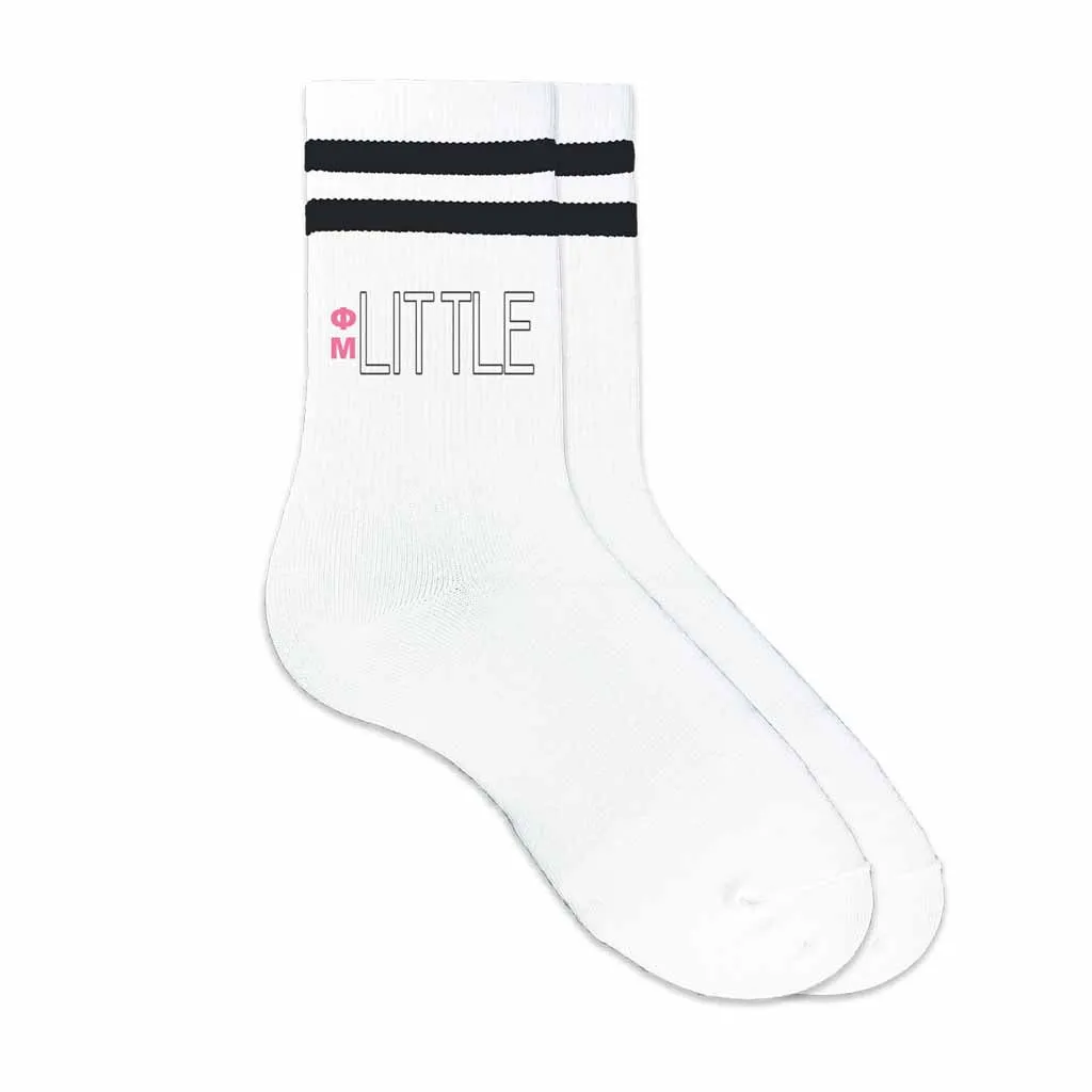 Phi Mu Sorority Socks for your Big and Little with Greek Letters on Striped Cotton Crew Socks