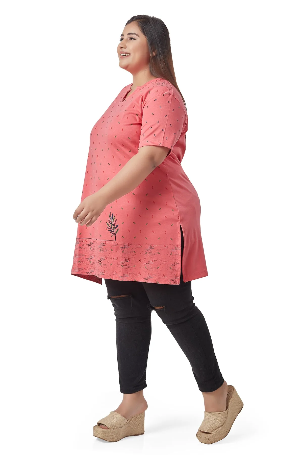 Plus Size Printed Long Tops For Women Cotton Half Sleeves - Pink