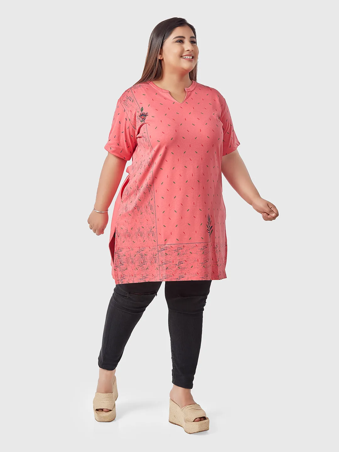 Plus Size Printed Long Tops For Women Cotton Half Sleeves - Pink