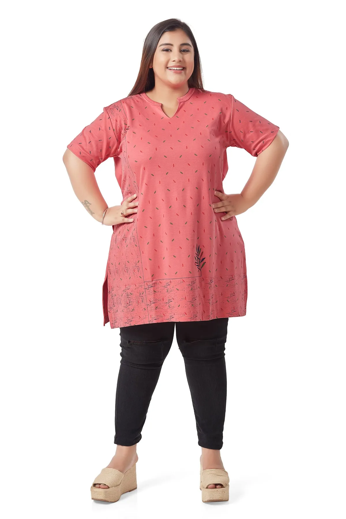 Plus Size Printed Long Tops For Women Cotton Half Sleeves - Pink