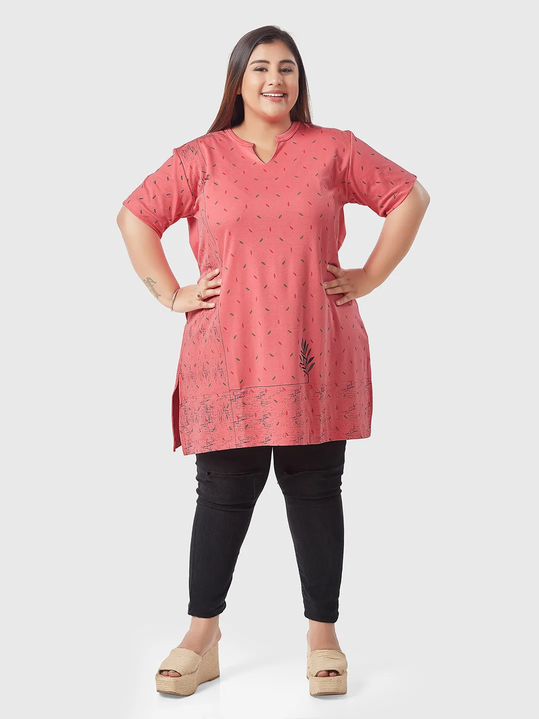 Plus Size Printed Long Tops For Women Cotton Half Sleeves - Pink