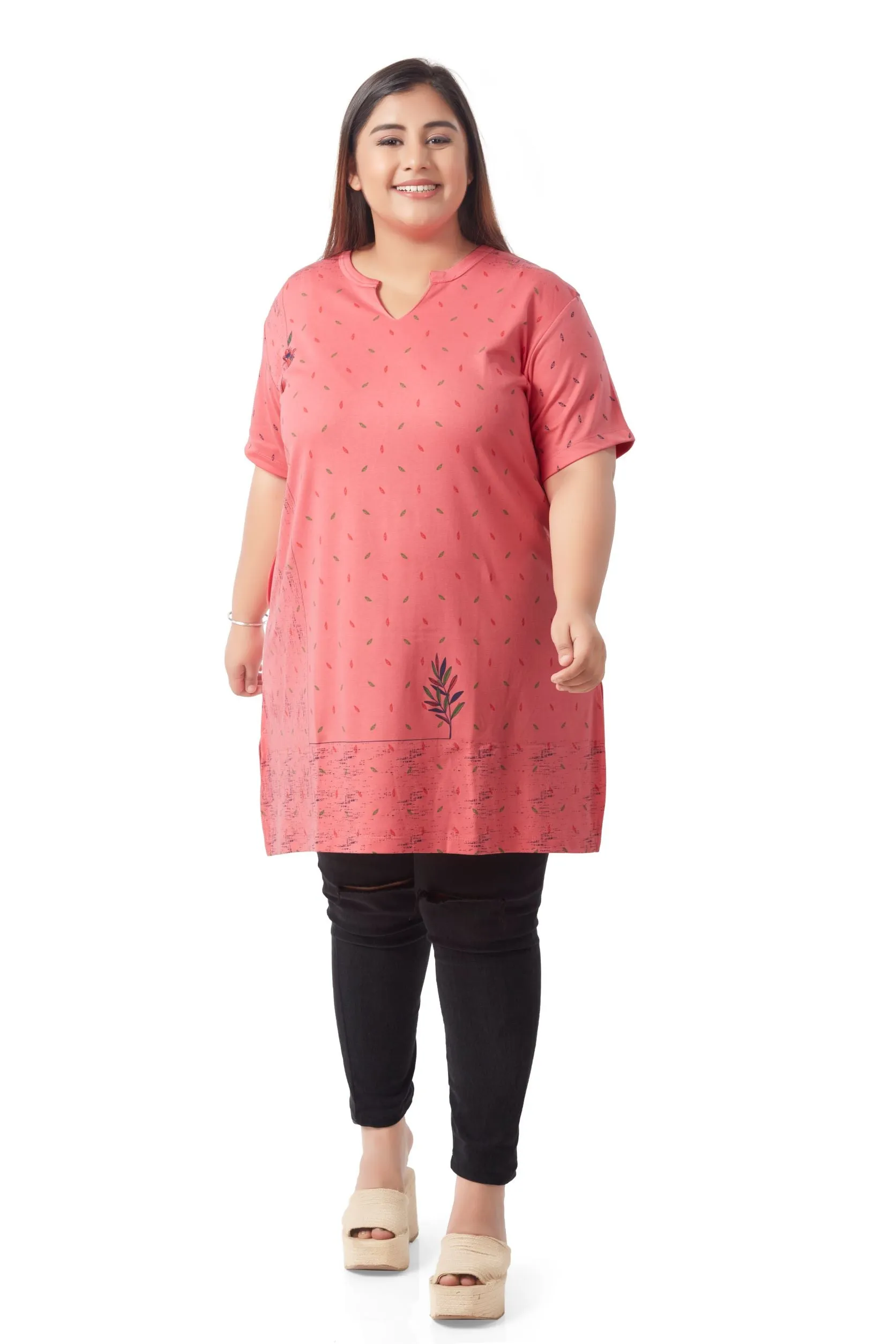 Plus Size Printed Long Tops For Women Cotton Half Sleeves - Pink