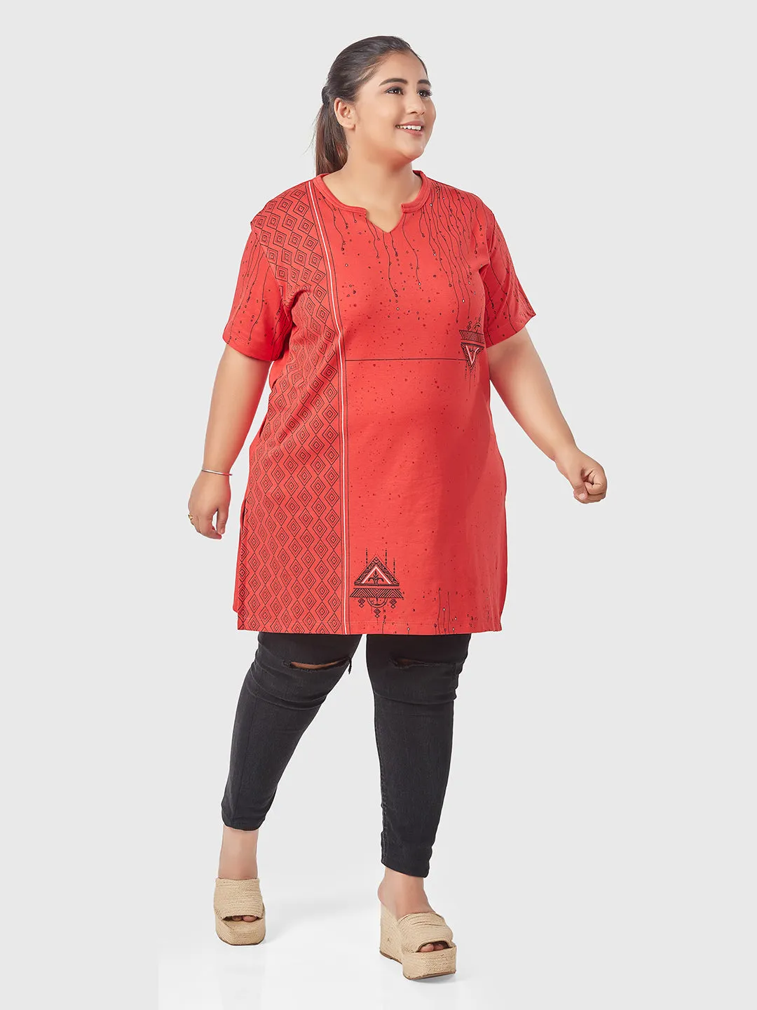 Plus Size Printed Long Tops For Women Half Sleeves - Red