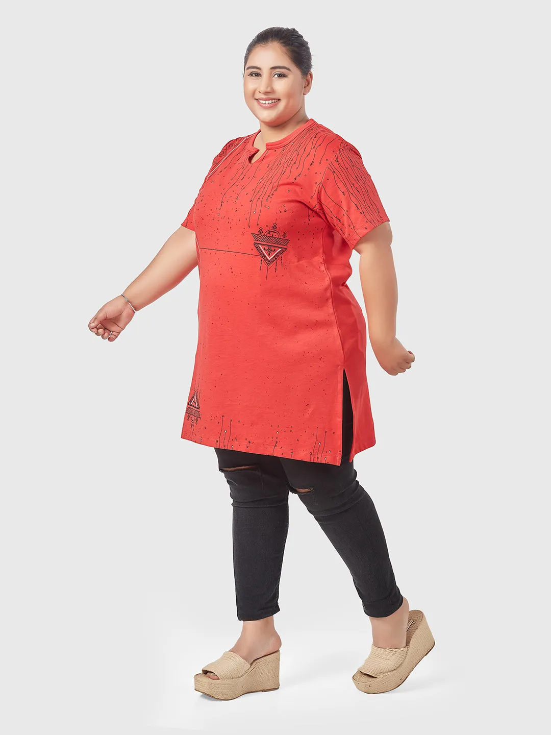 Plus Size Printed Long Tops For Women Half Sleeves - Red