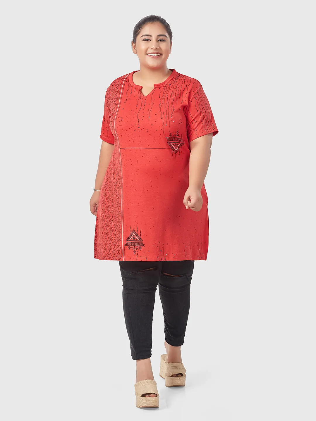 Plus Size Printed Long Tops For Women Half Sleeves - Red