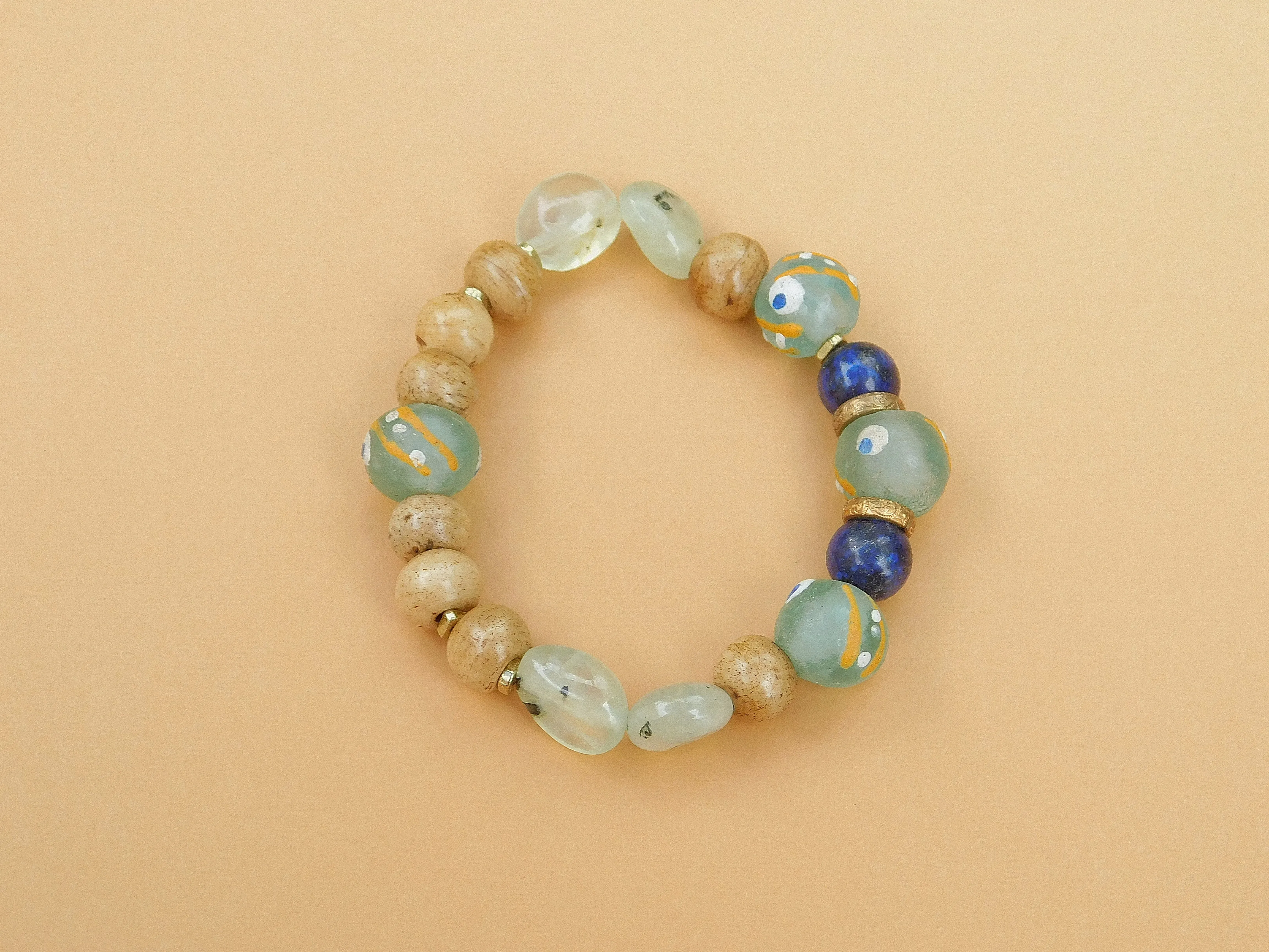 Prehnite, Lapis, Bone and African Sandcast Bracelet