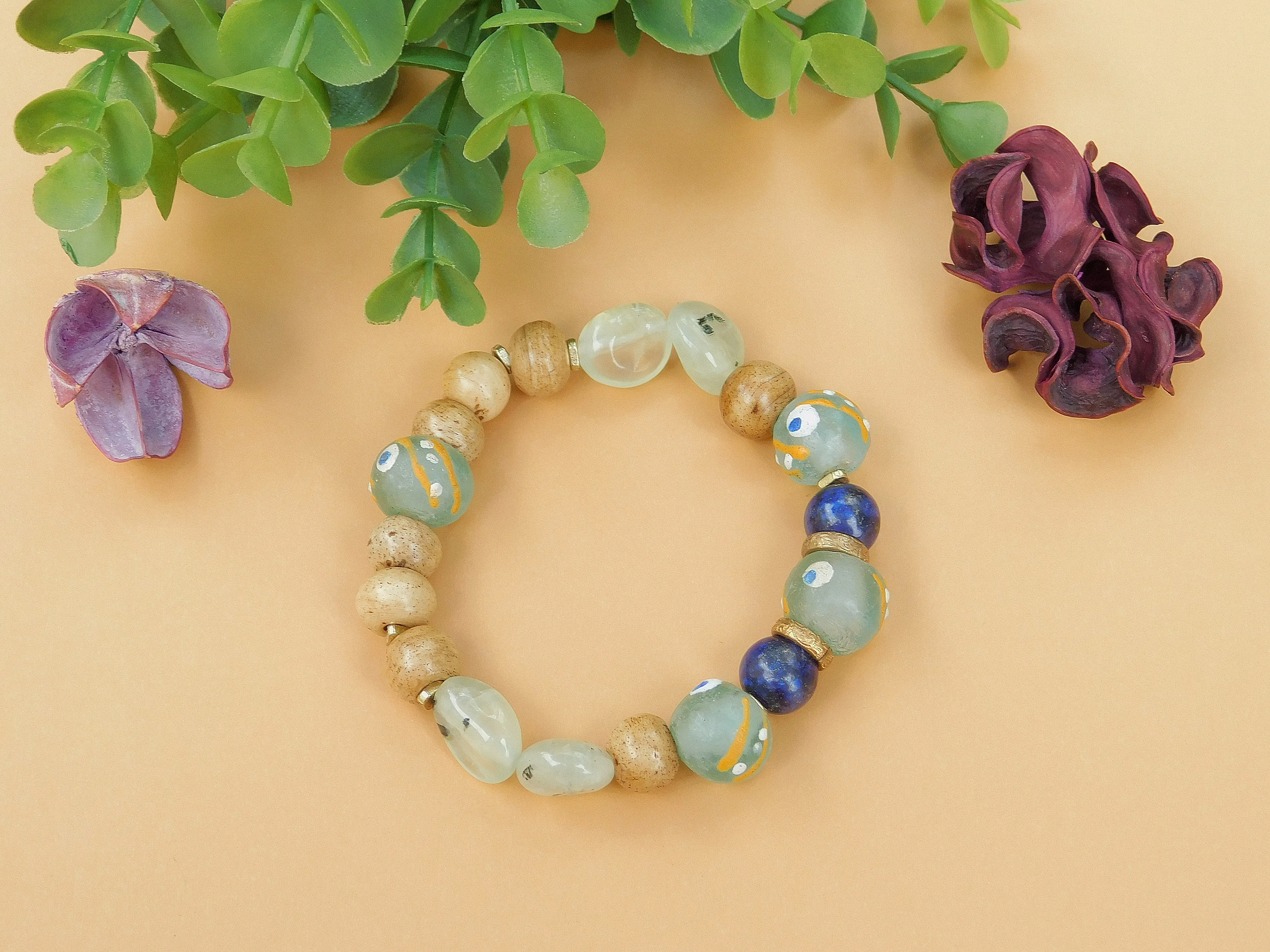 Prehnite, Lapis, Bone and African Sandcast Bracelet