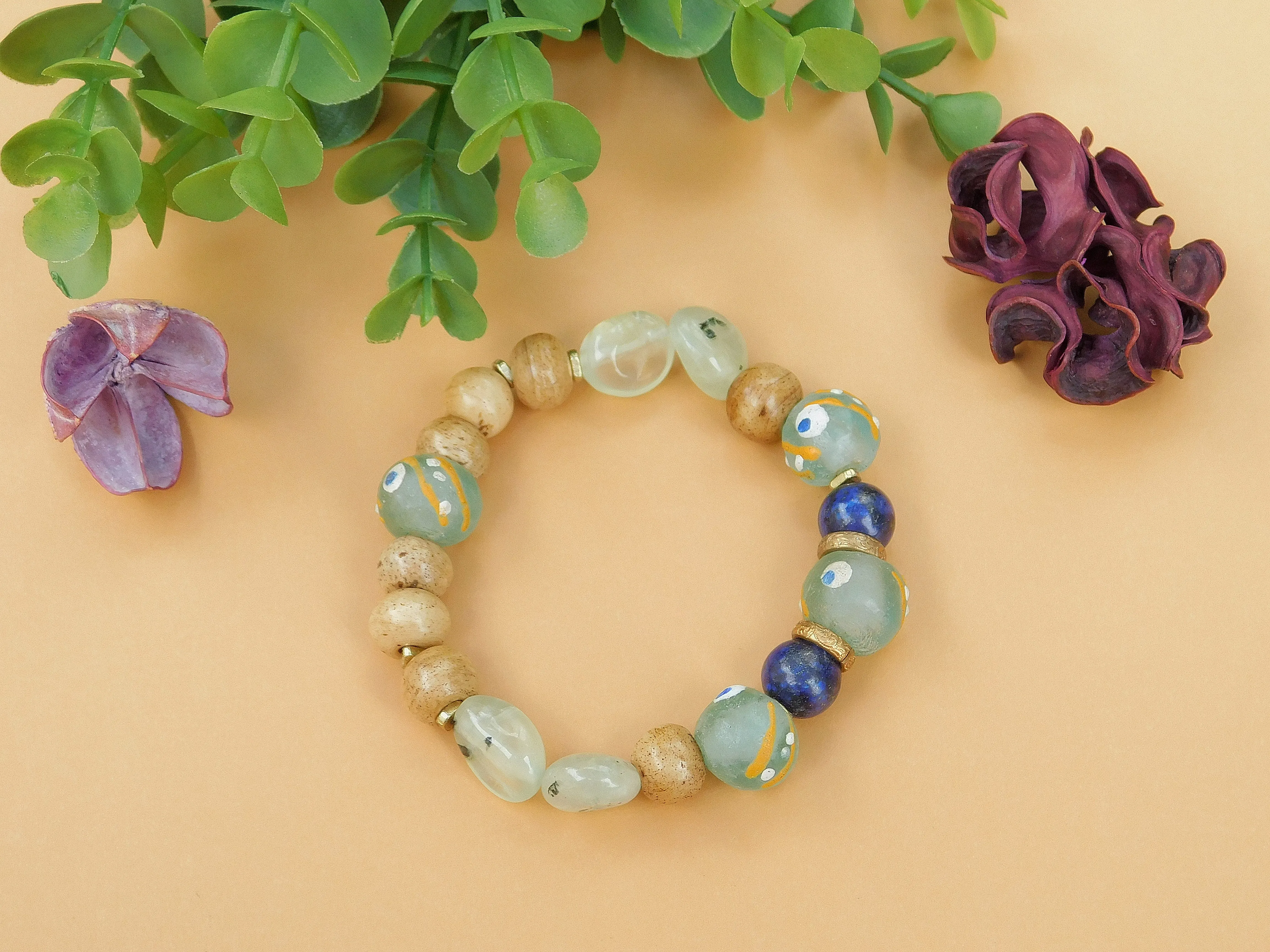 Prehnite, Lapis, Bone and African Sandcast Bracelet