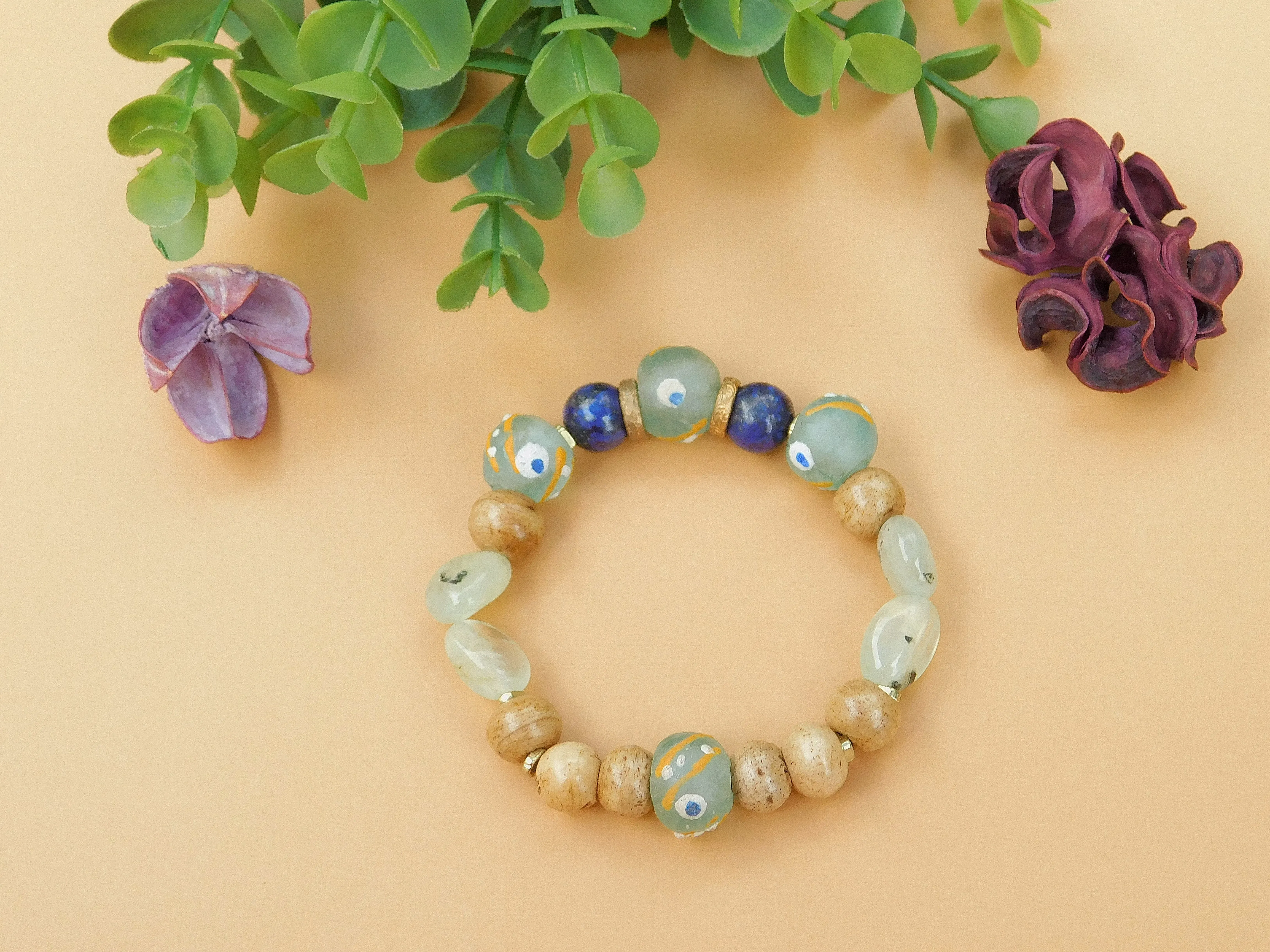 Prehnite, Lapis, Bone and African Sandcast Bracelet