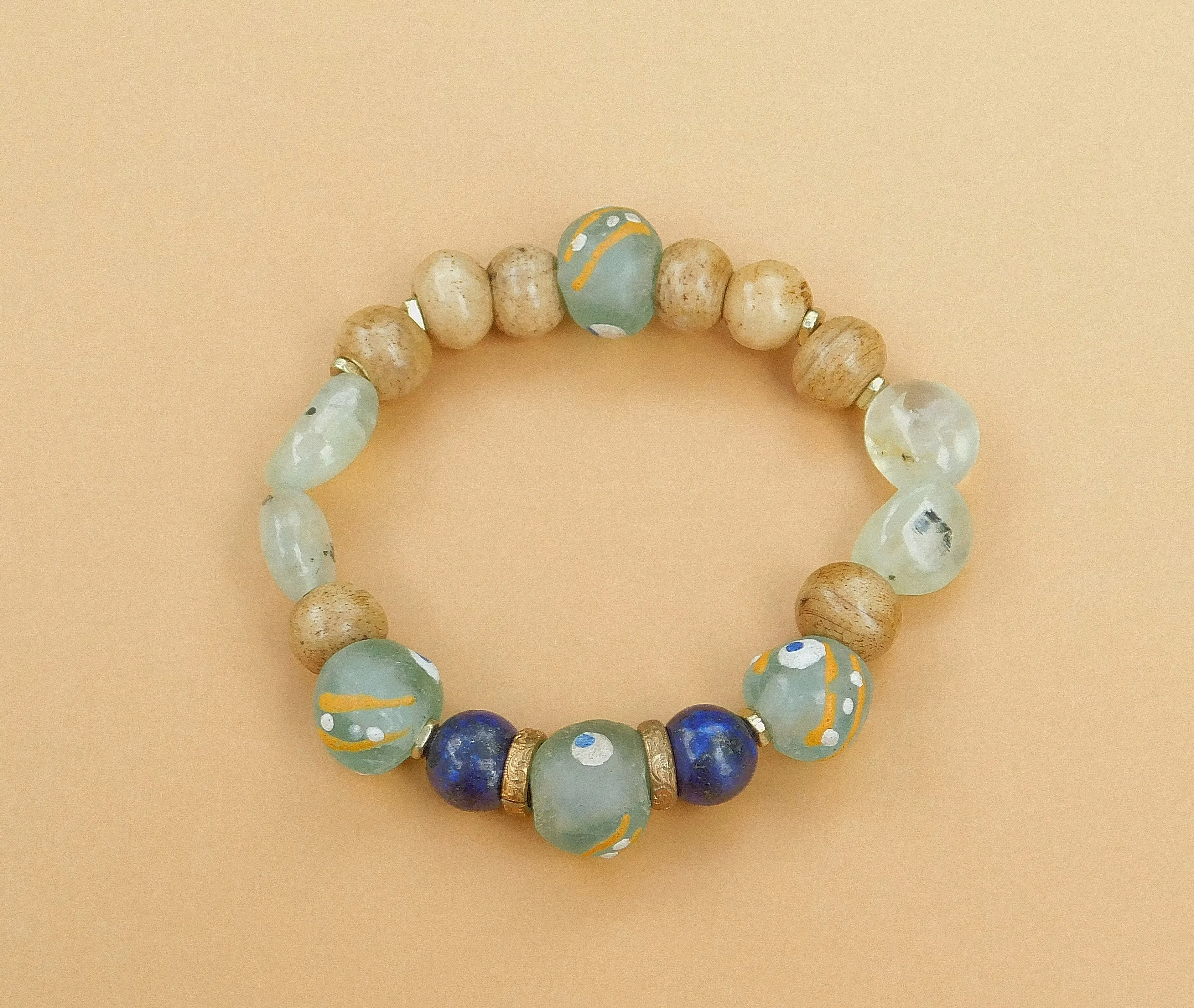 Prehnite, Lapis, Bone and African Sandcast Bracelet