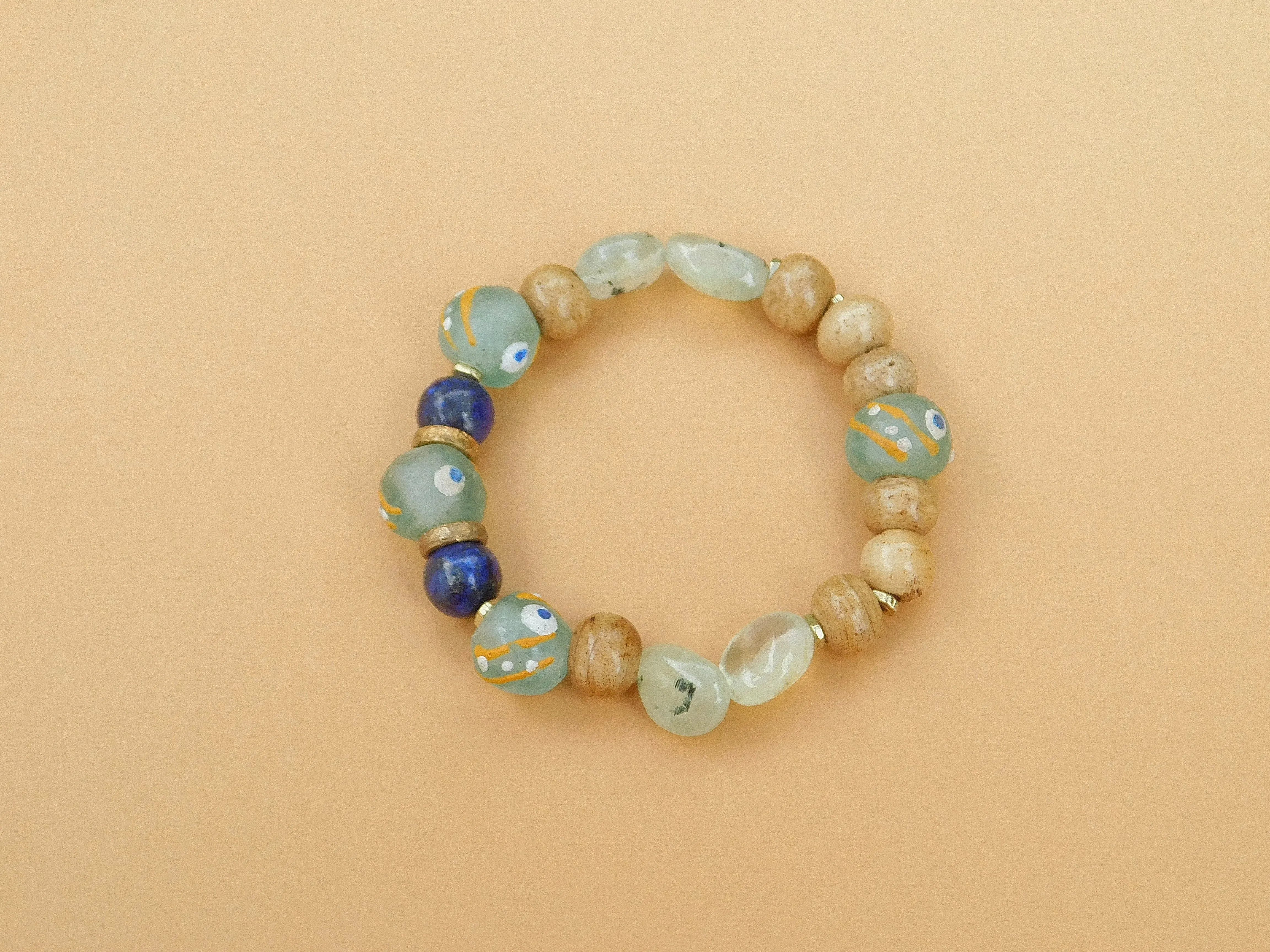 Prehnite, Lapis, Bone and African Sandcast Bracelet