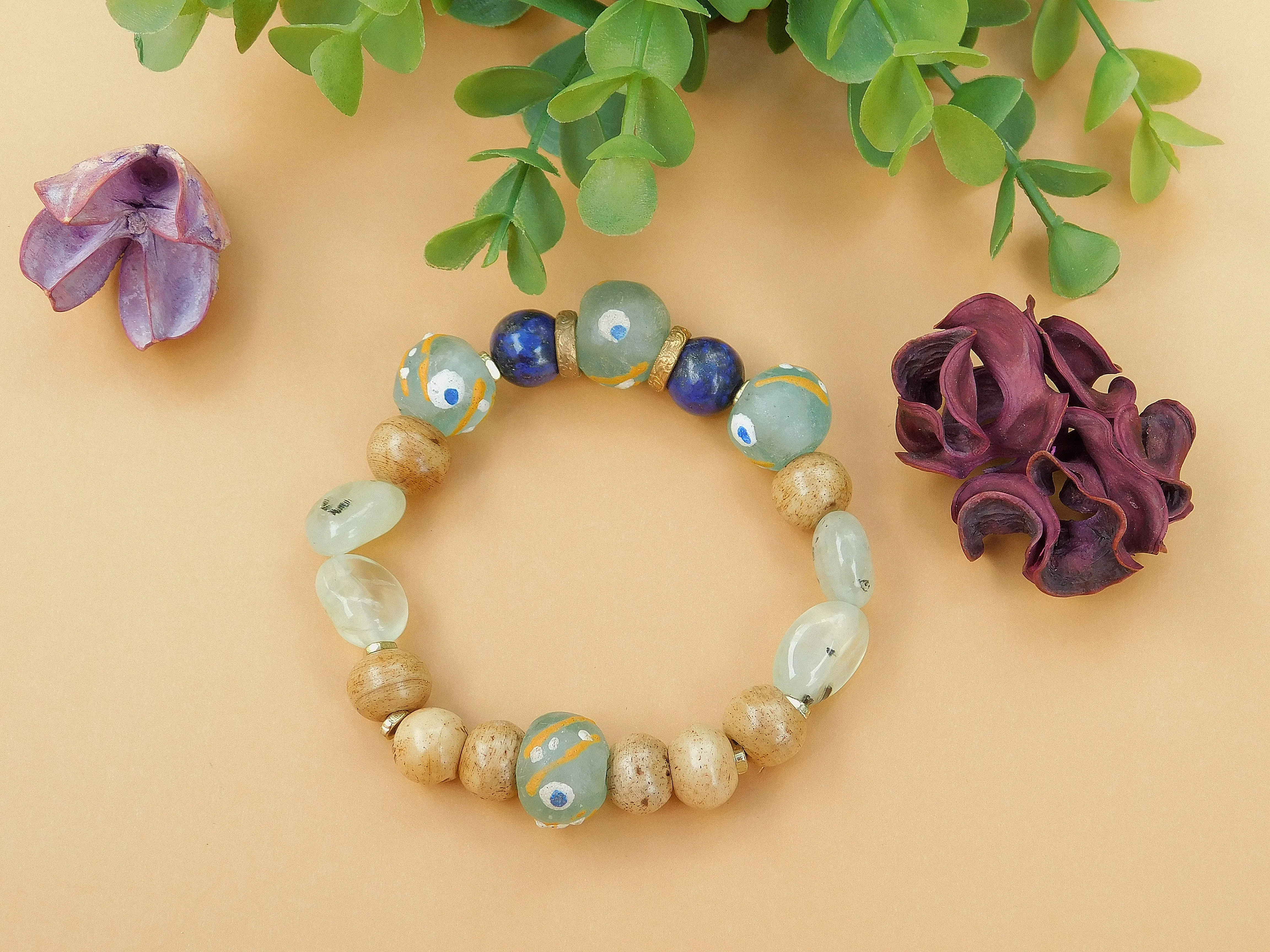 Prehnite, Lapis, Bone and African Sandcast Bracelet